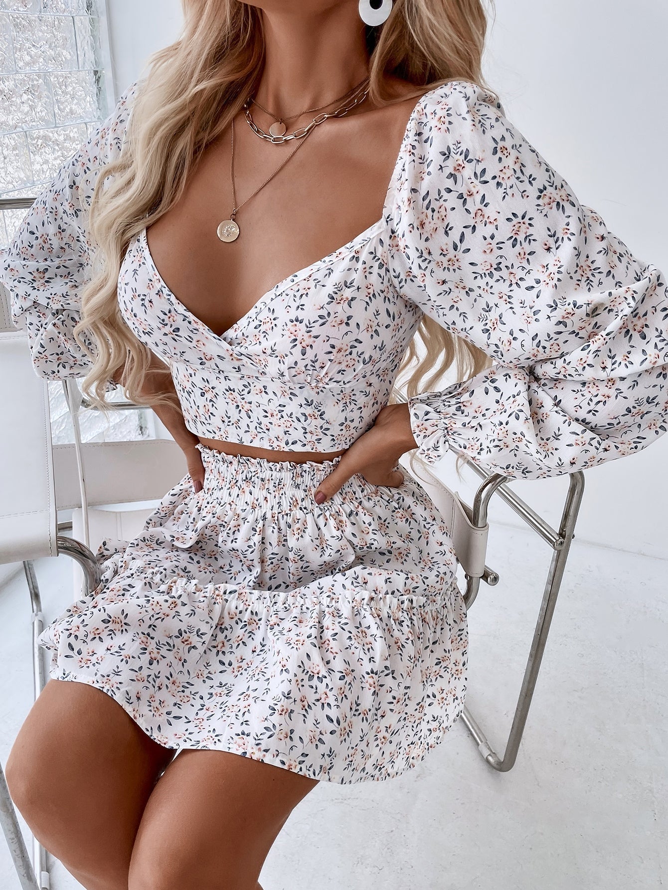 Blümchen Muster, Sweetheart Ausschnitt, Volant Ärmeln Top & Rüschen Rock