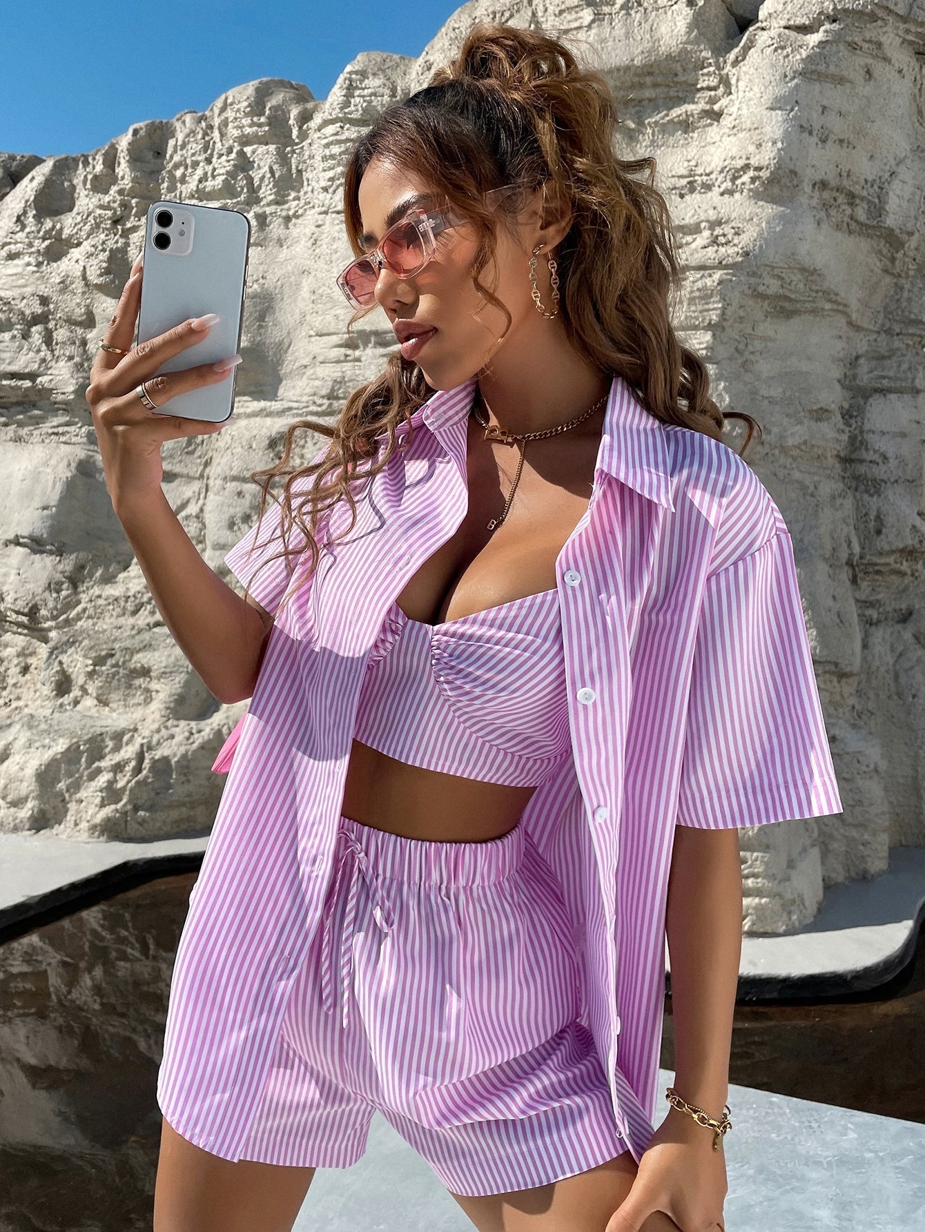 3 Stücke Cami Top mit Streifen Muster & Shorts mit Knoten vorn & Bluse