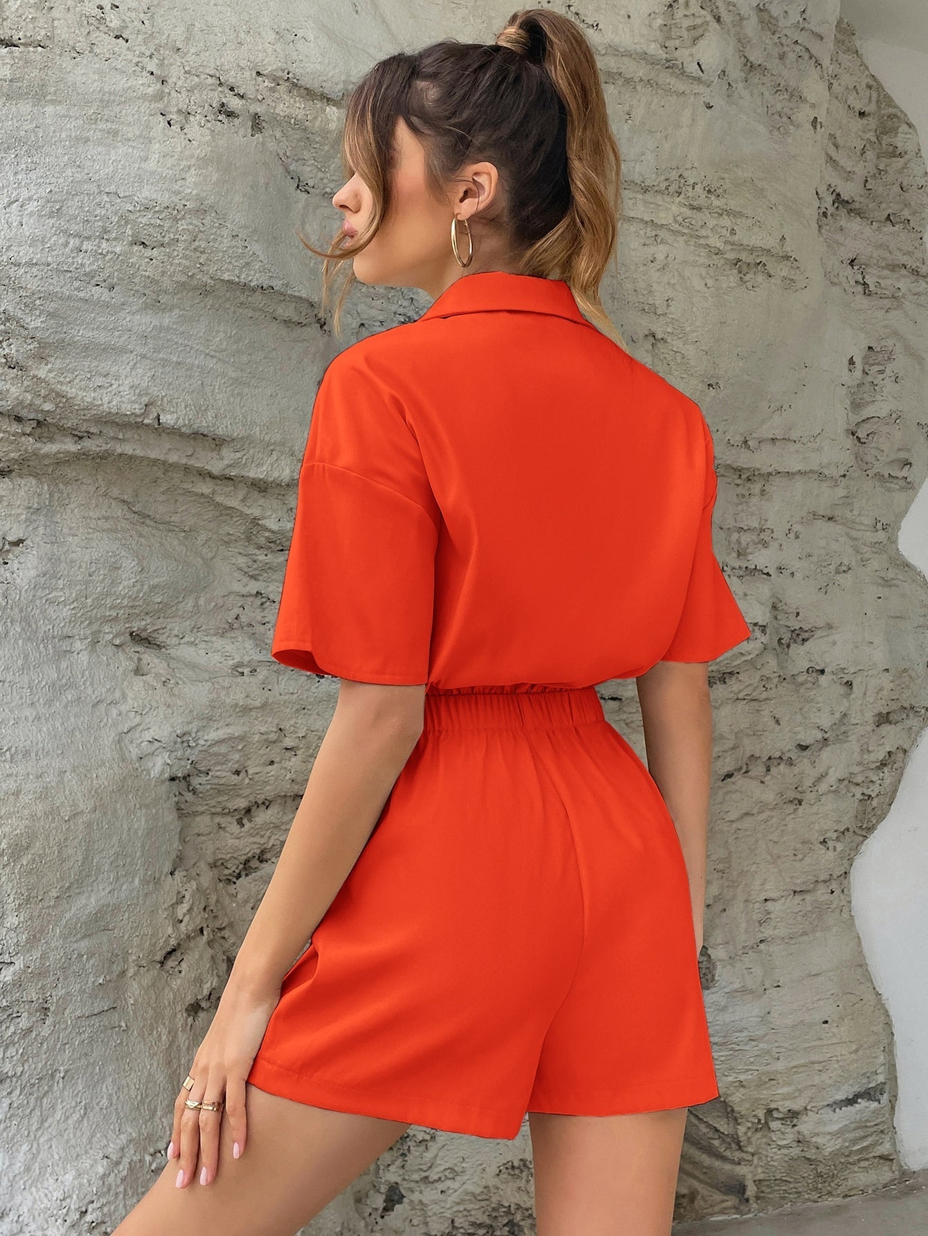 Shirt Romper mit Knopf vorne, Tasche Flicken