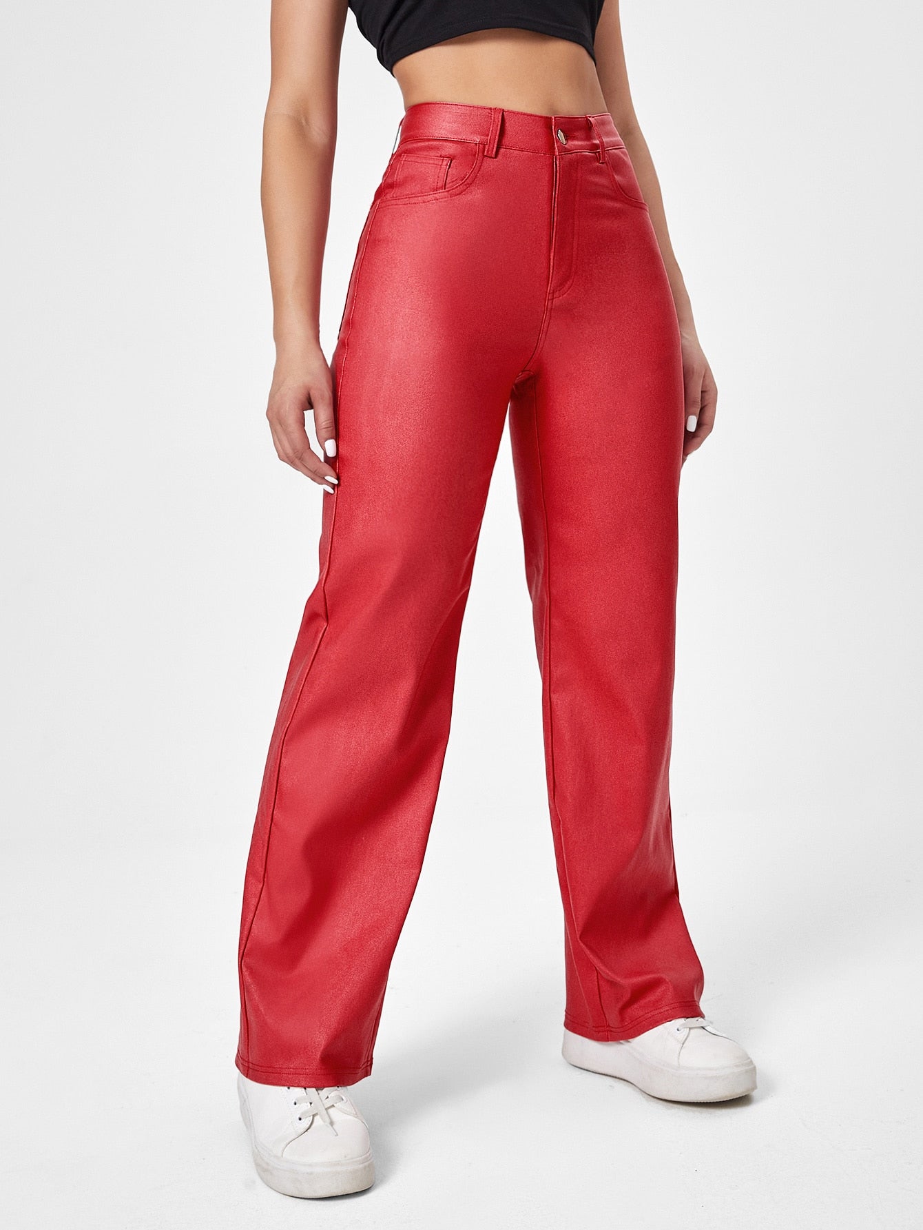 Jeans mit geradem Beinschnitt, Lederoptik