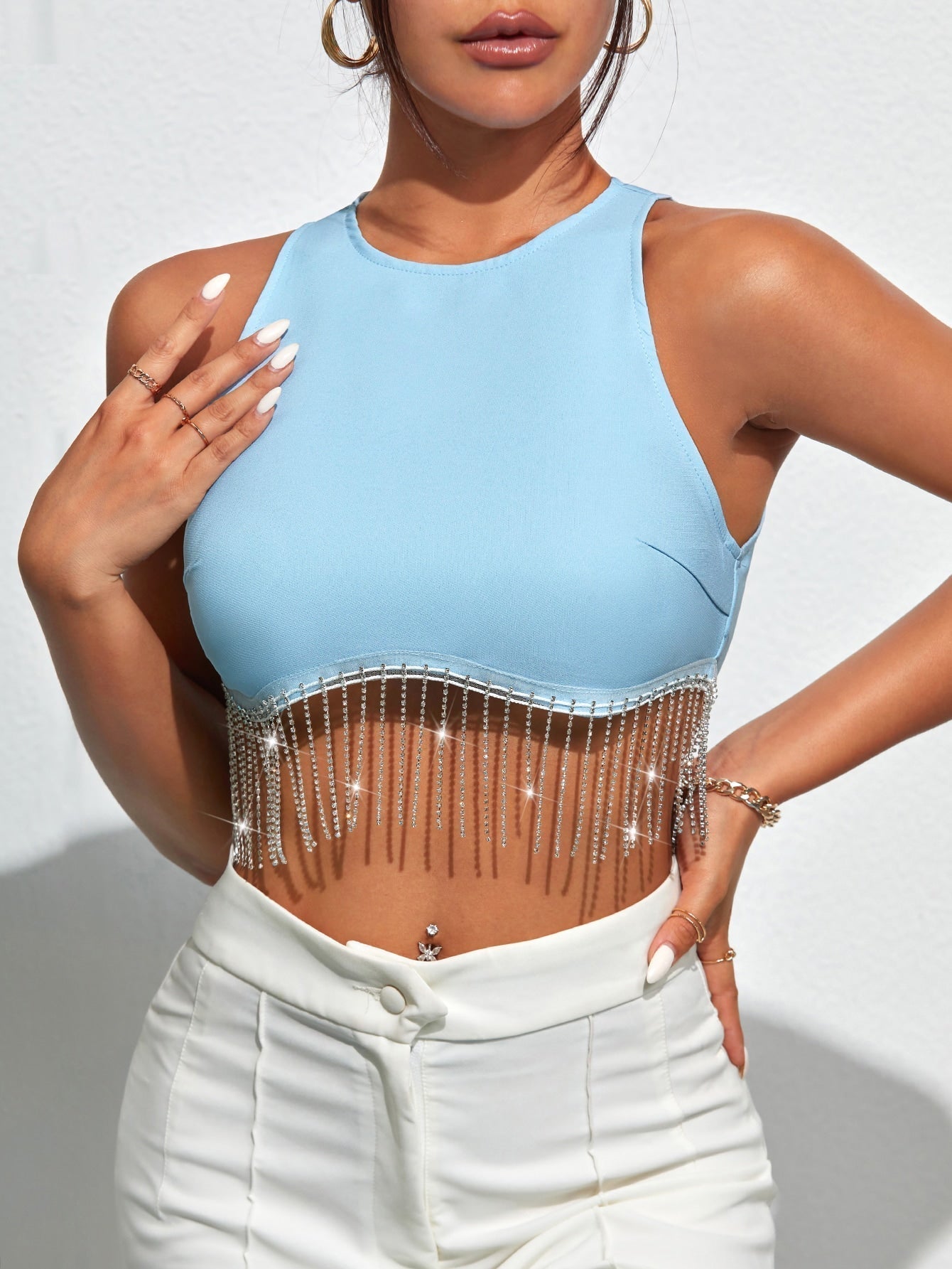 TRENDING Tank Top mit Strass, Fransen, Reißverschluss hinten