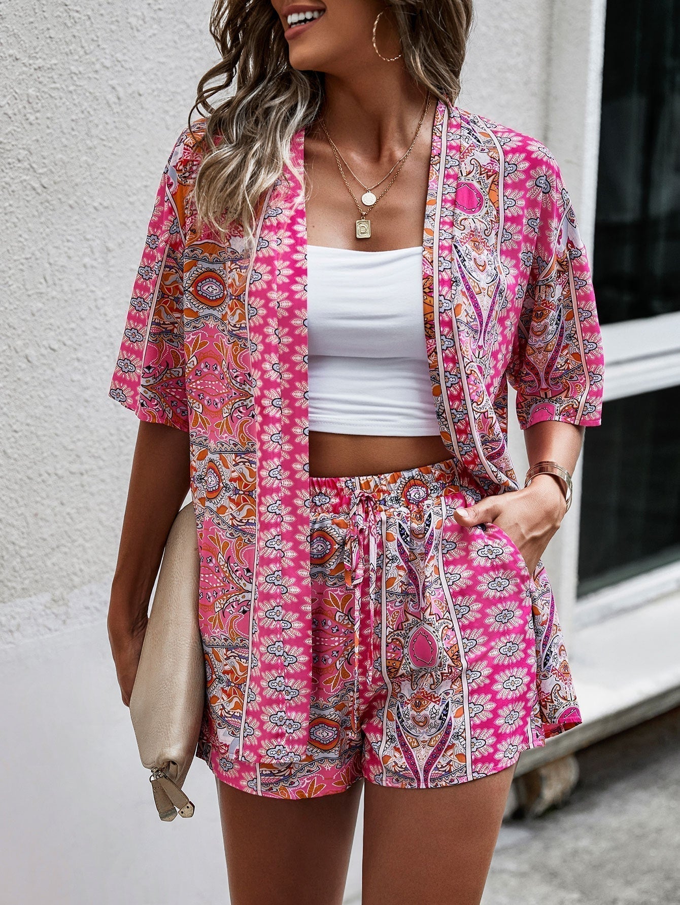 Paisley Muster, offener Front, Kimono & Shorts Set ohne Tube Top