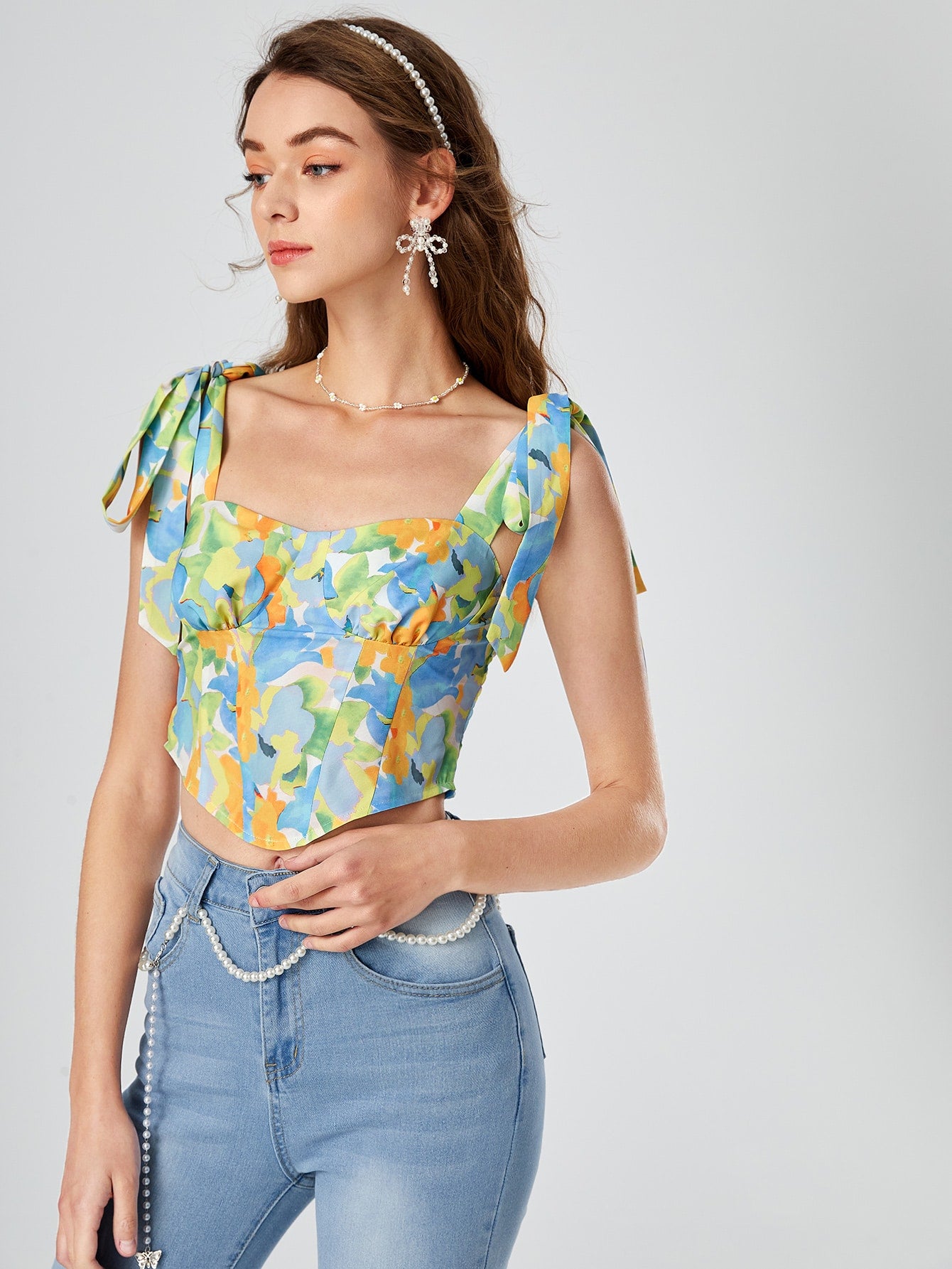 Top mit Blume Muster, Knoten auf Schulter, Rüschen