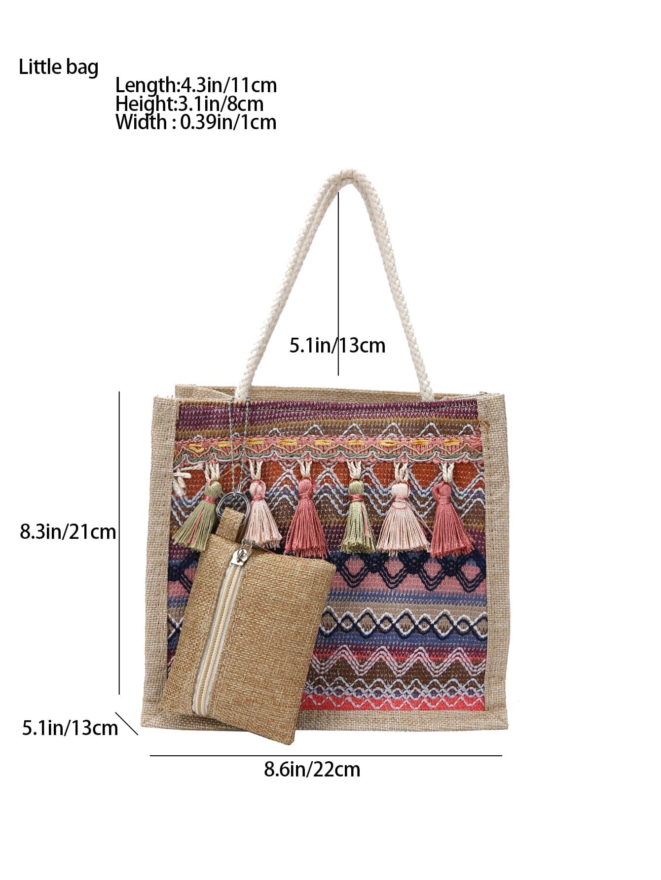 Quadratische Tasche mit geometrischem Muster, Farbblock, Quaste Dekor, & Münzenbeutel