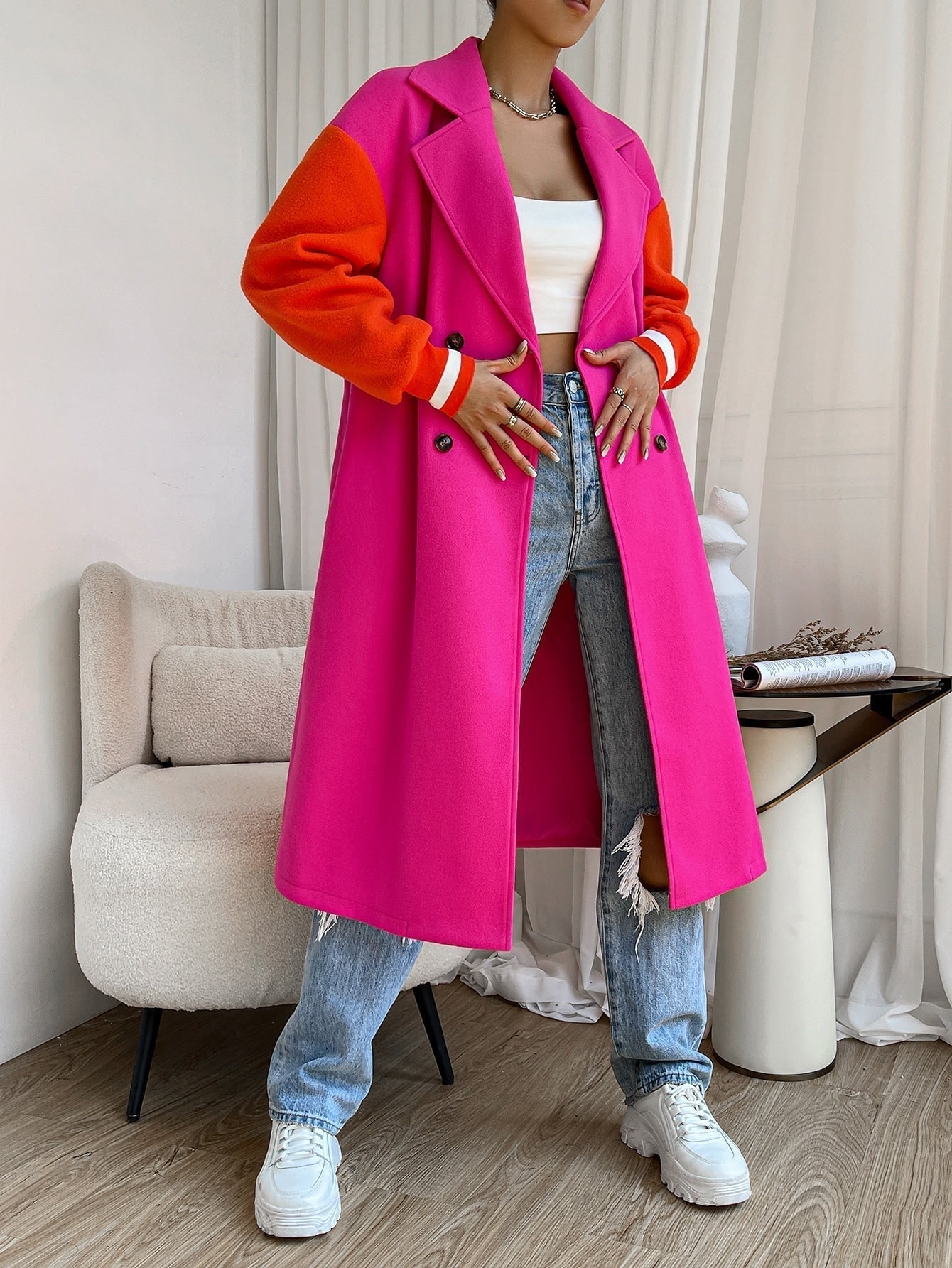 Mantel mit Farbblock, Drop Shoulder doppelten Knopfleisten