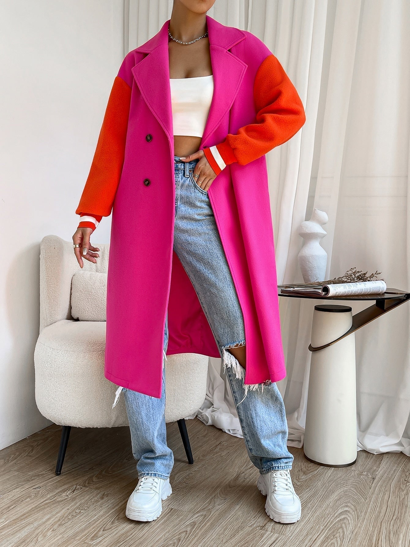 Mantel mit Farbblock, Drop Shoulder doppelten Knopfleisten