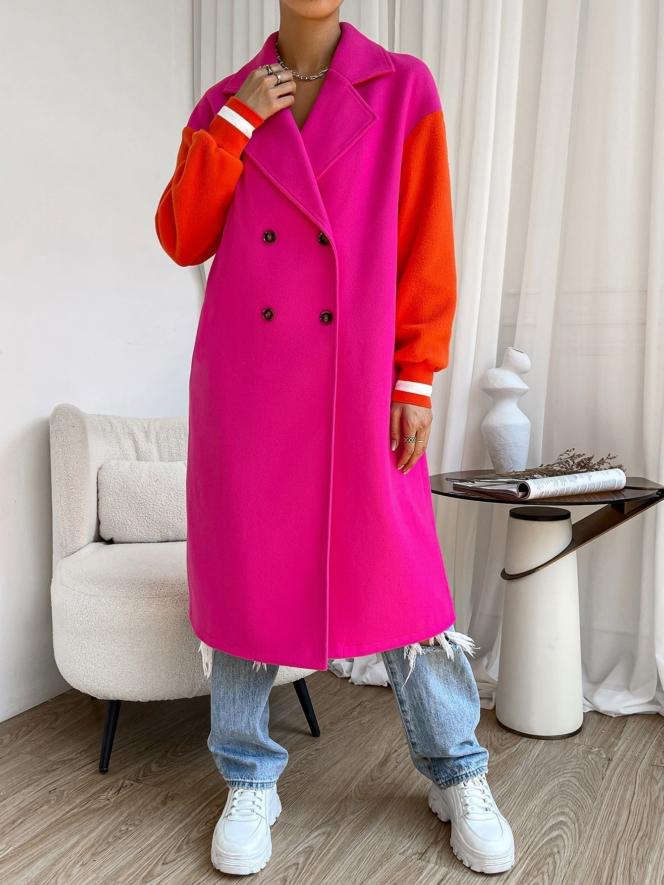 Mantel mit Farbblock, Drop Shoulder doppelten Knopfleisten