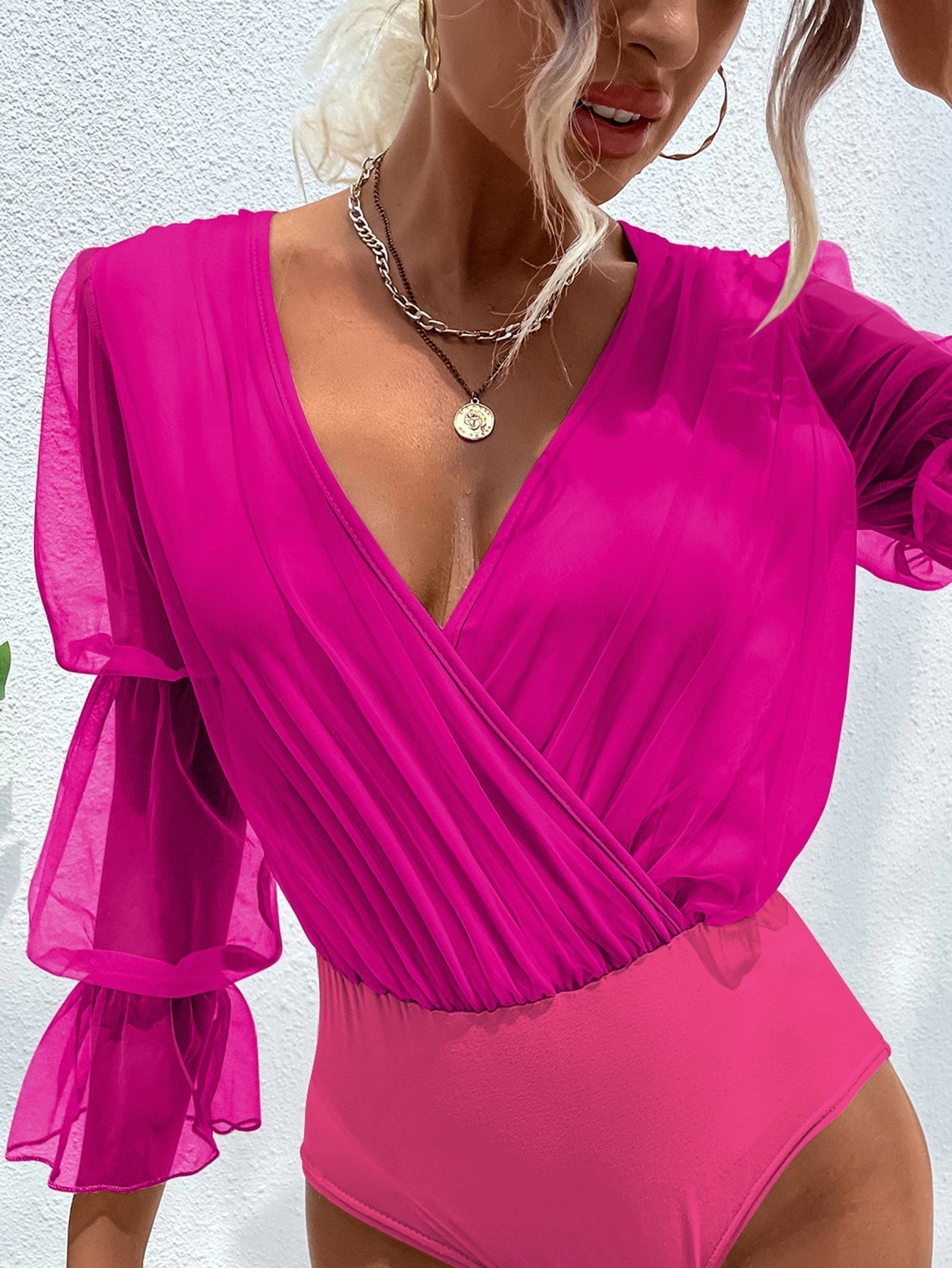 Body mit Kontrast Netzstoff, Versammelt Volant Ärmeln