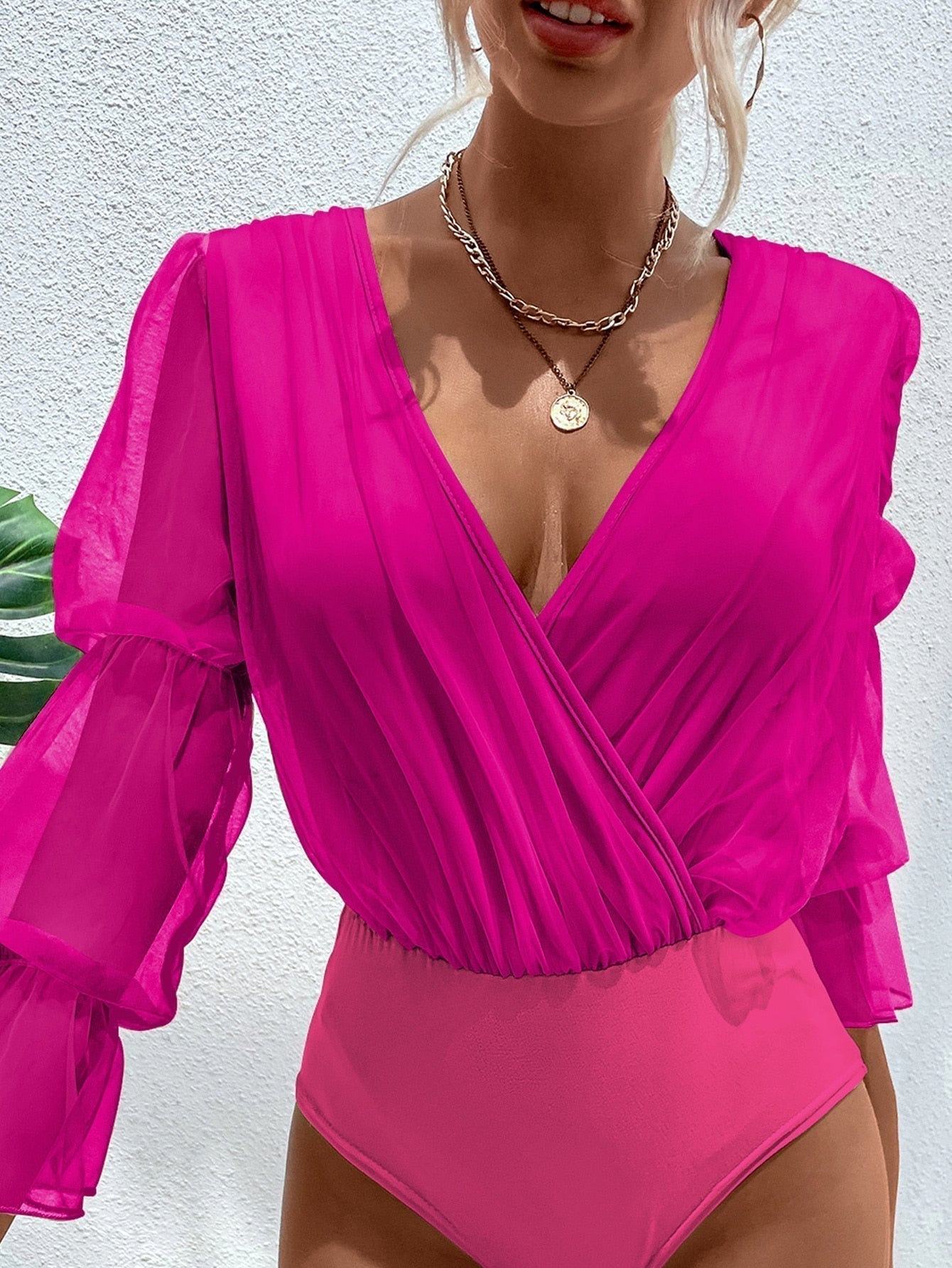 Body mit Kontrast Netzstoff, Versammelt Volant Ärmeln