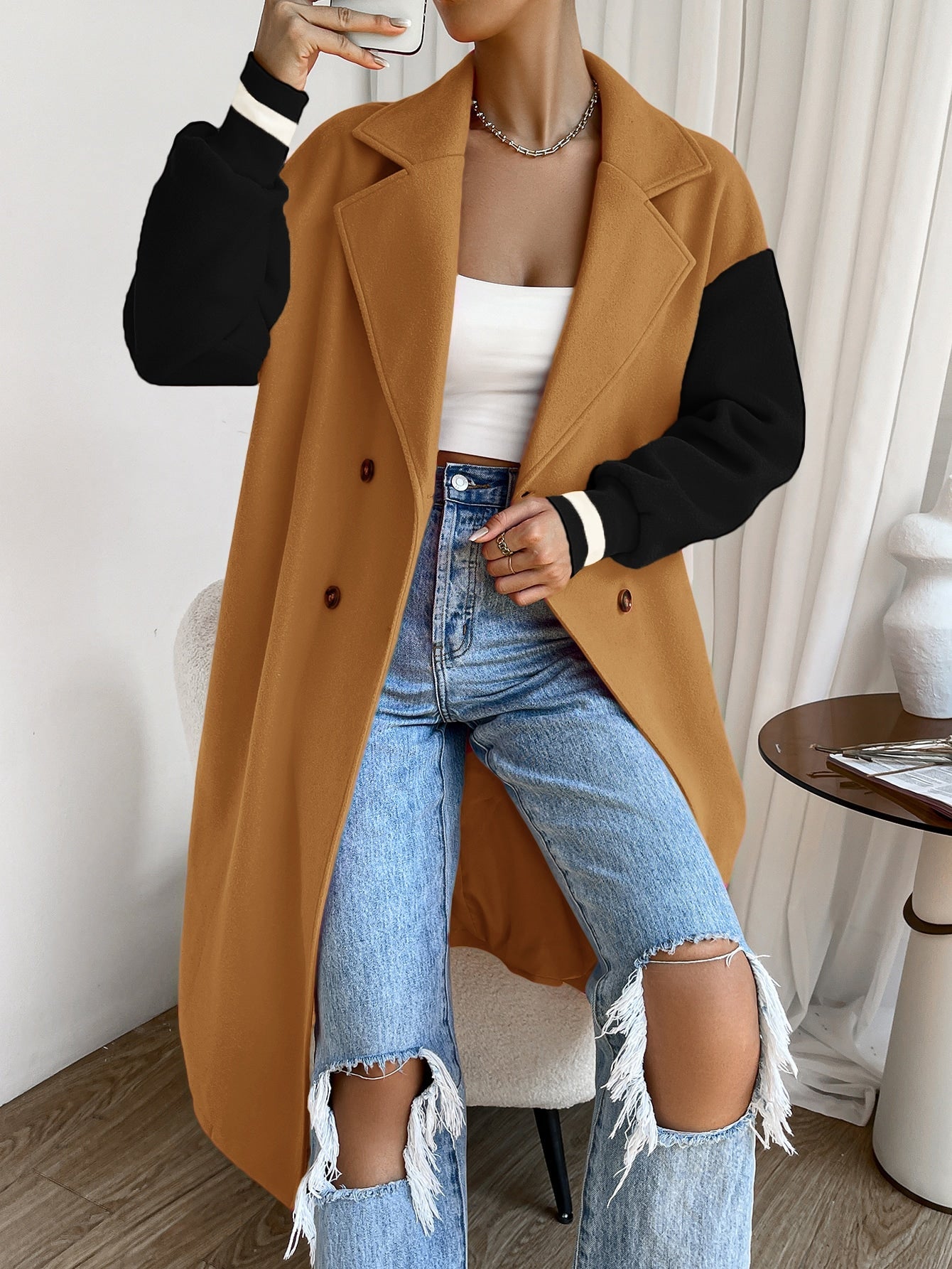 Mantel mit Farbblock, Drop Shoulder doppelten Knopfleisten