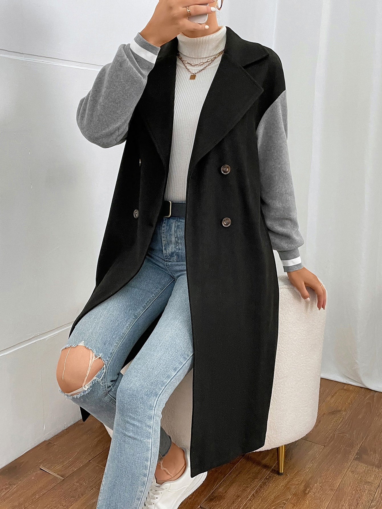 Mantel mit Farbblock, Drop Shoulder doppelten Knopfleisten