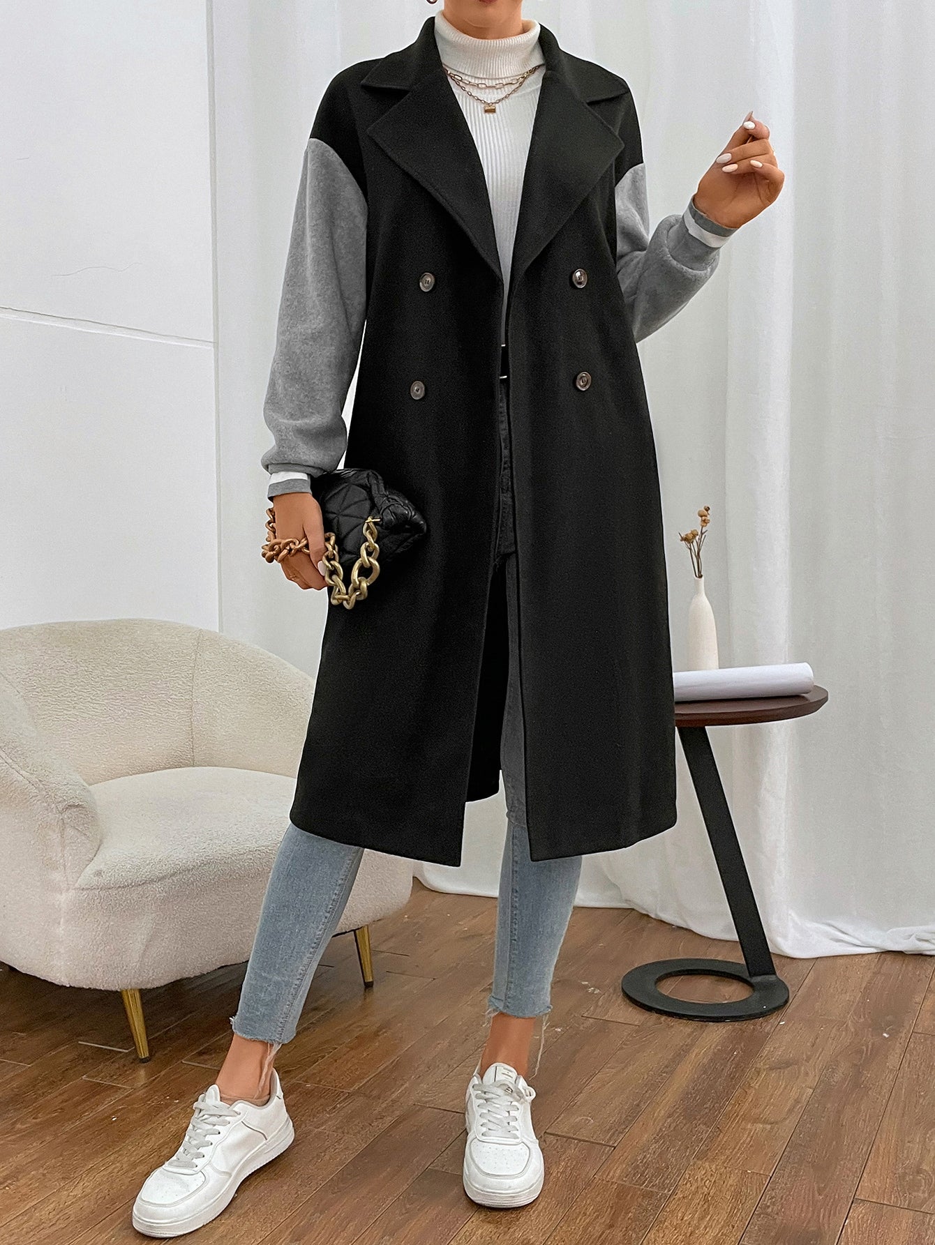 Mantel mit Farbblock, Drop Shoulder doppelten Knopfleisten