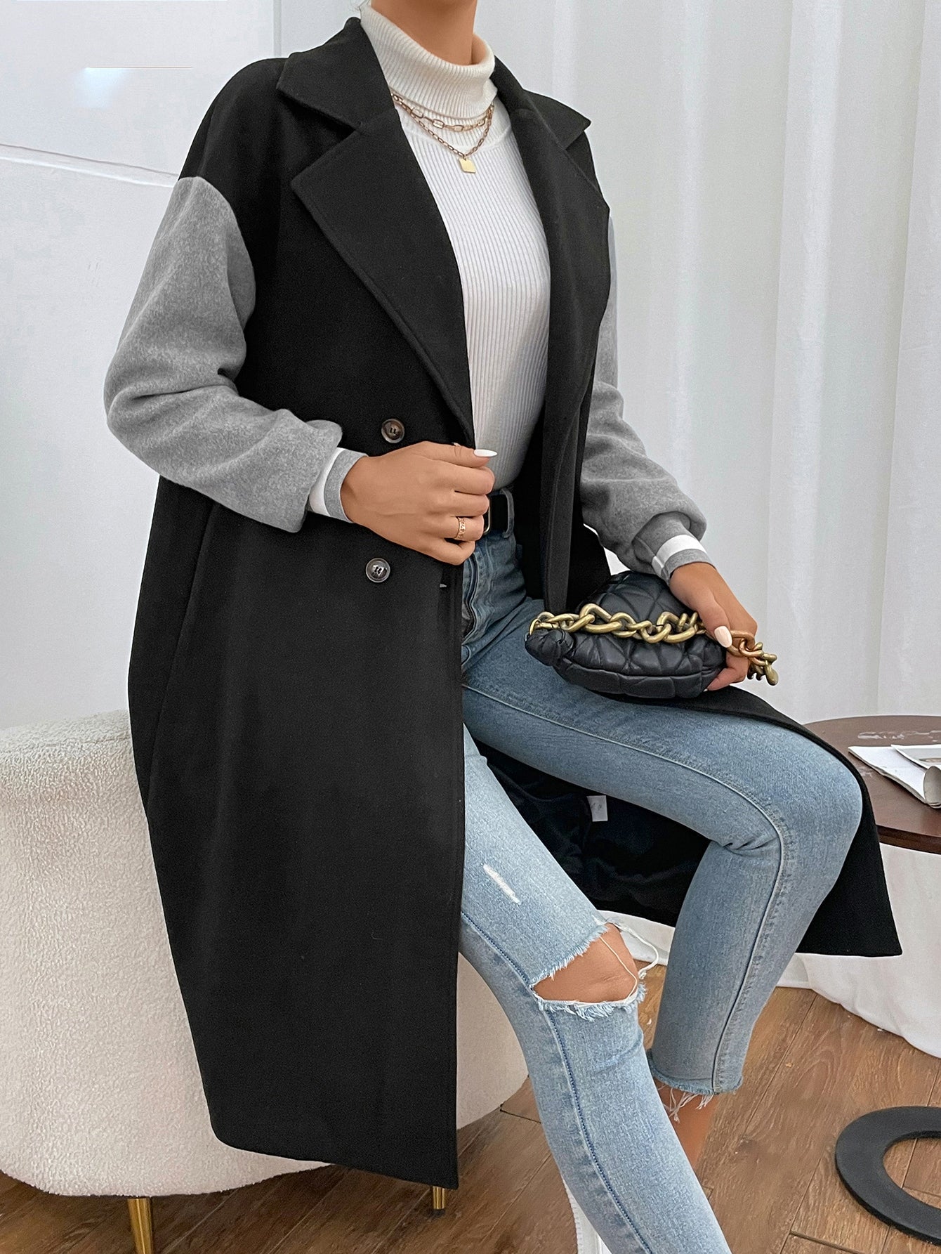 Mantel mit Farbblock, Drop Shoulder doppelten Knopfleisten