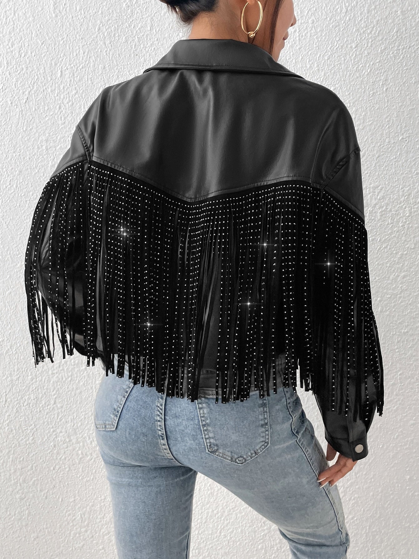 TRENDING Jacke mit Fransen, Drop Shoulder PU Leder