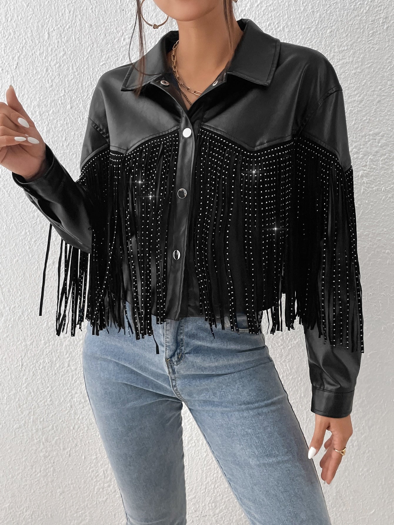 TRENDING Jacke mit Fransen, Drop Shoulder PU Leder