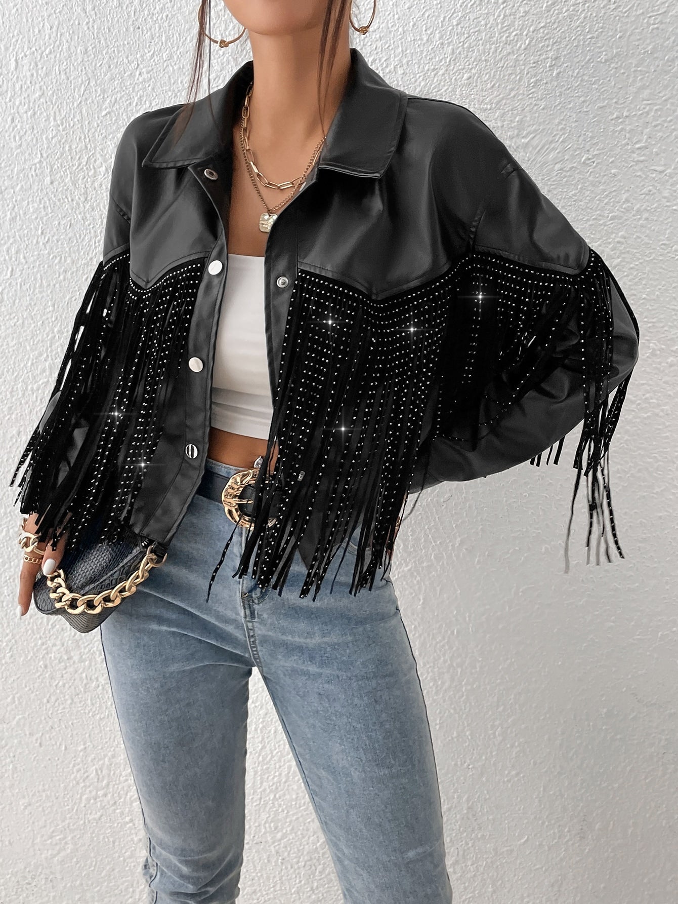 TRENDING Jacke mit Fransen, Drop Shoulder PU Leder