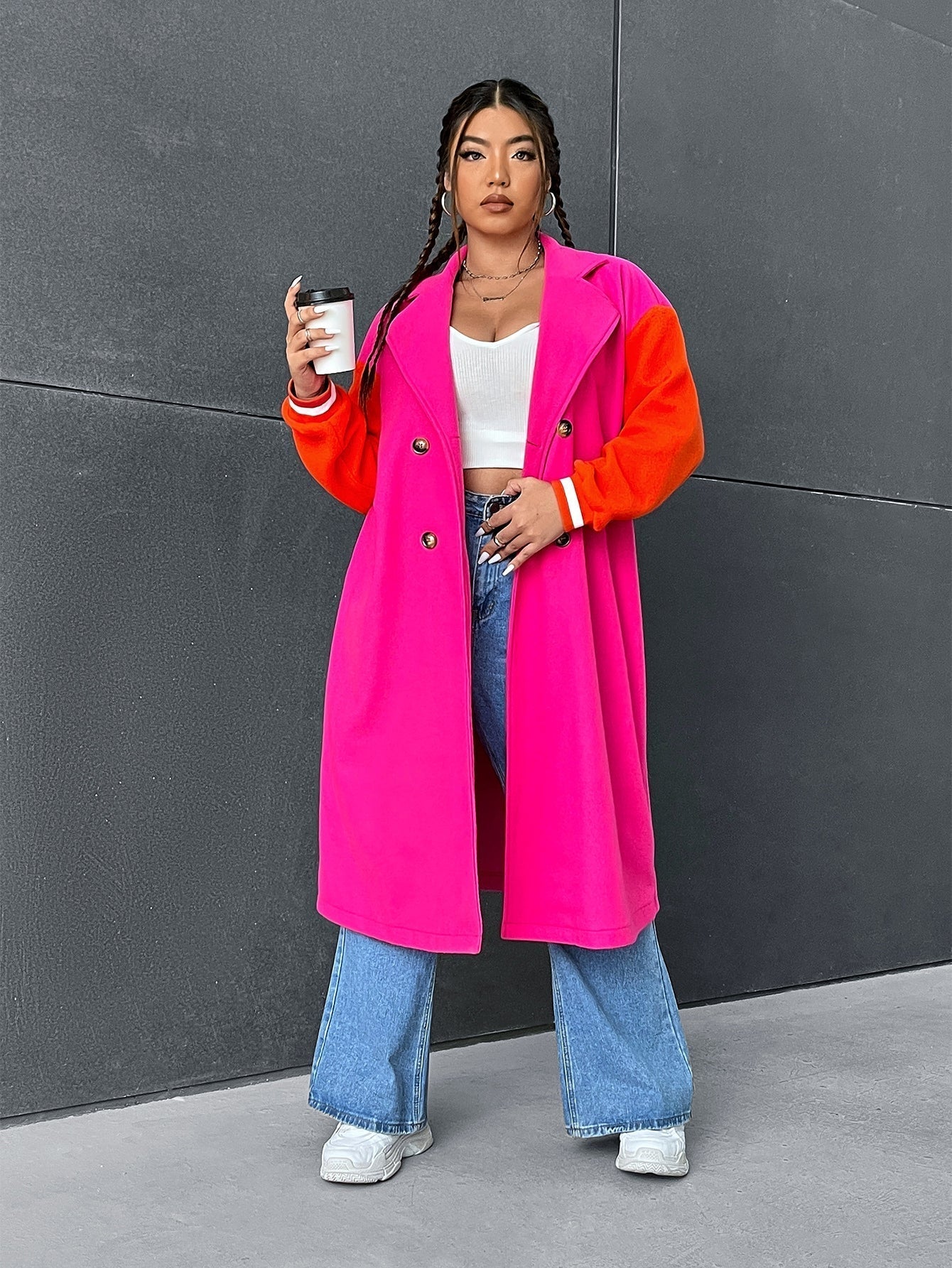 PLUSSize Mantel mit Farbblock, Drop Shoulder doppelten Knopfleisten