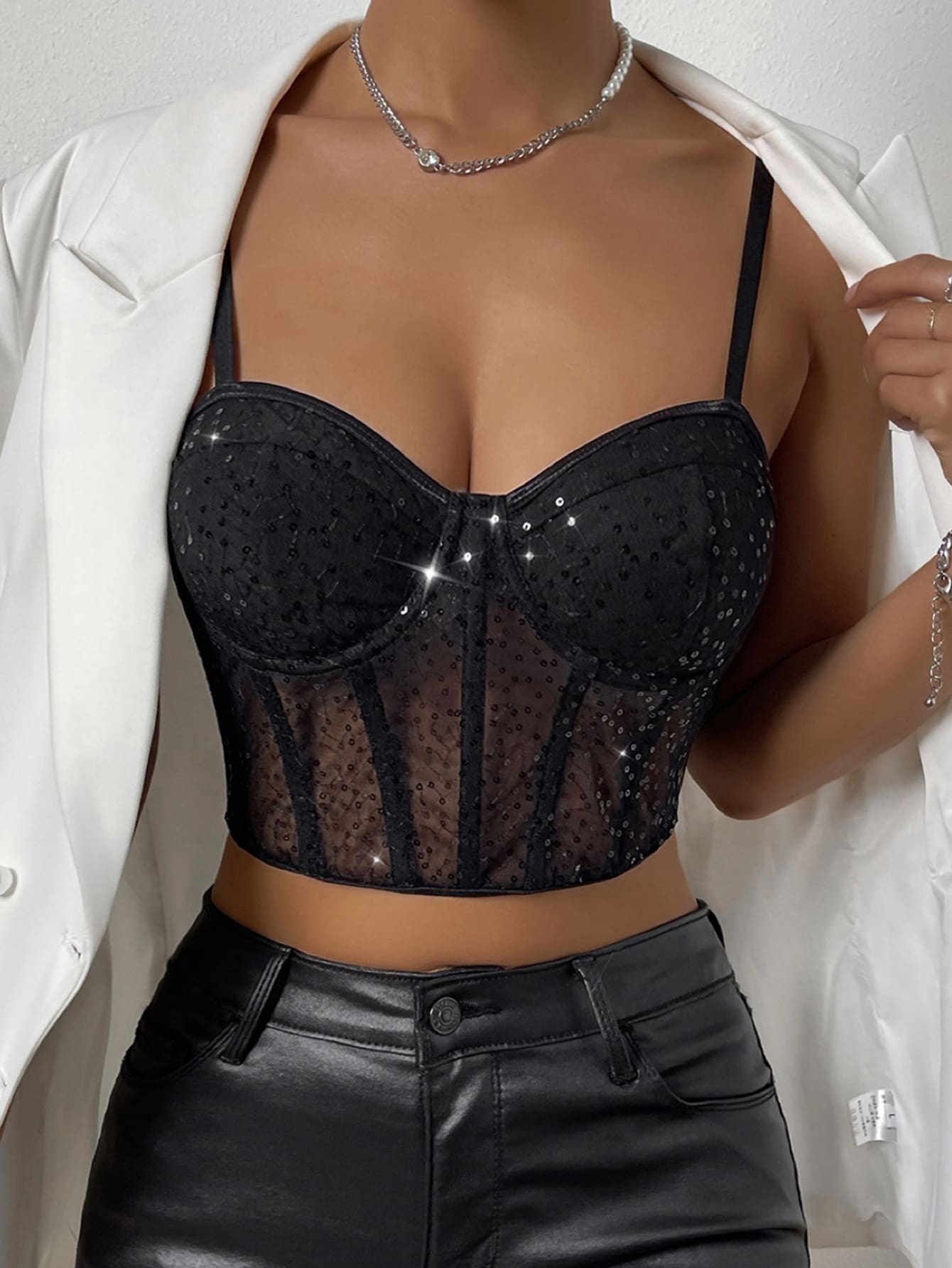 Crop Cami Top mit Paillette, Mesh Vollbusiger
