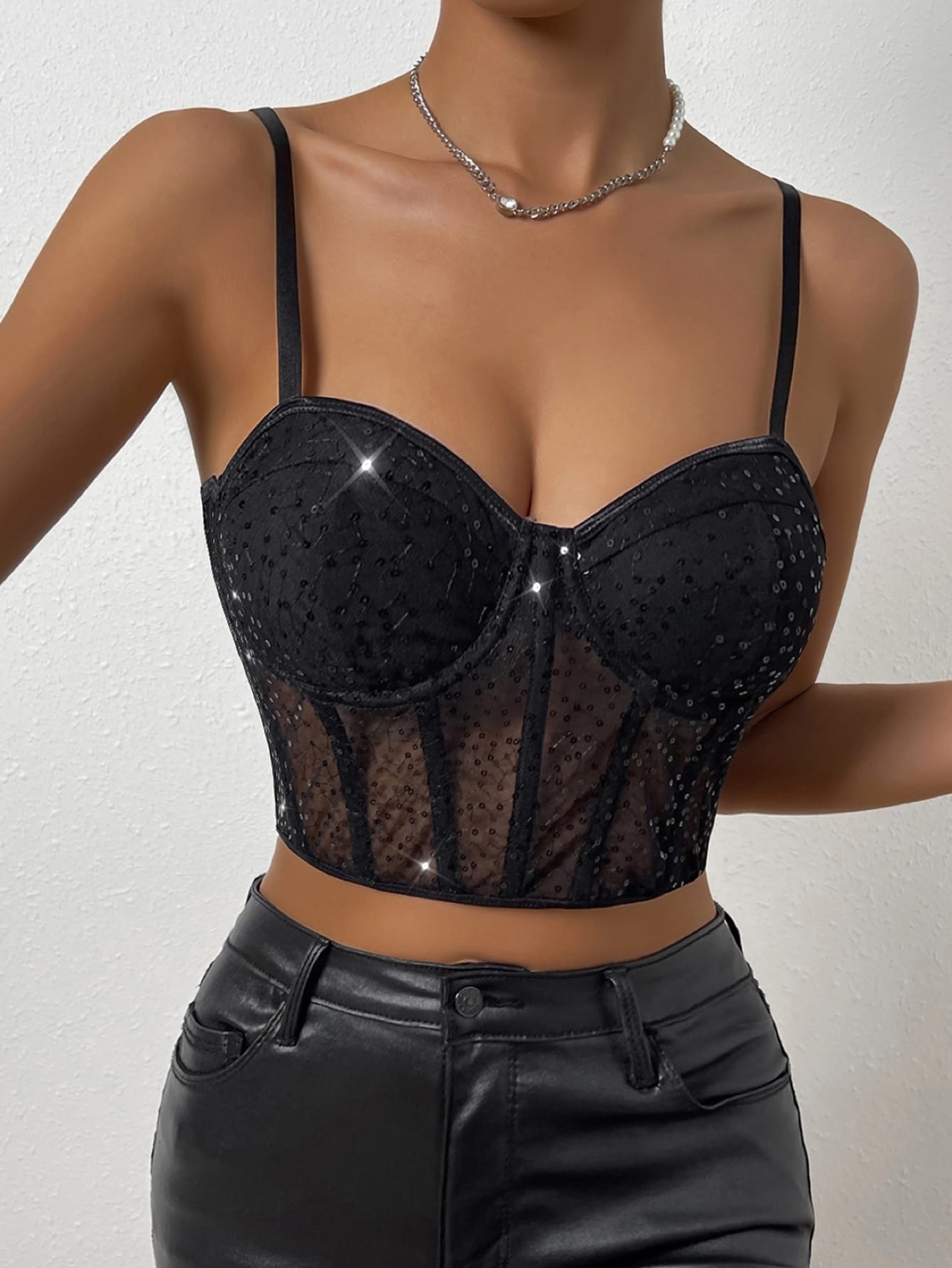 Crop Cami Top mit Paillette, Mesh Vollbusiger