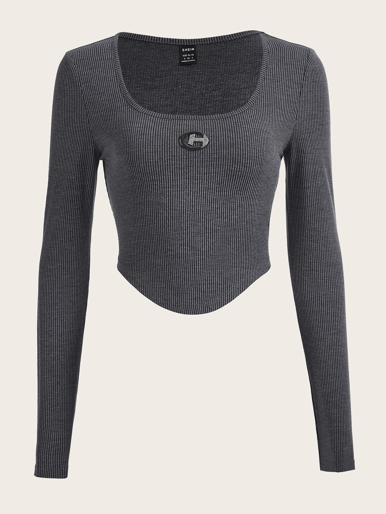 Crop T-Shirt mit Strass, Metall Dekor, U-Ausschnitt, asymmetrischem Saum