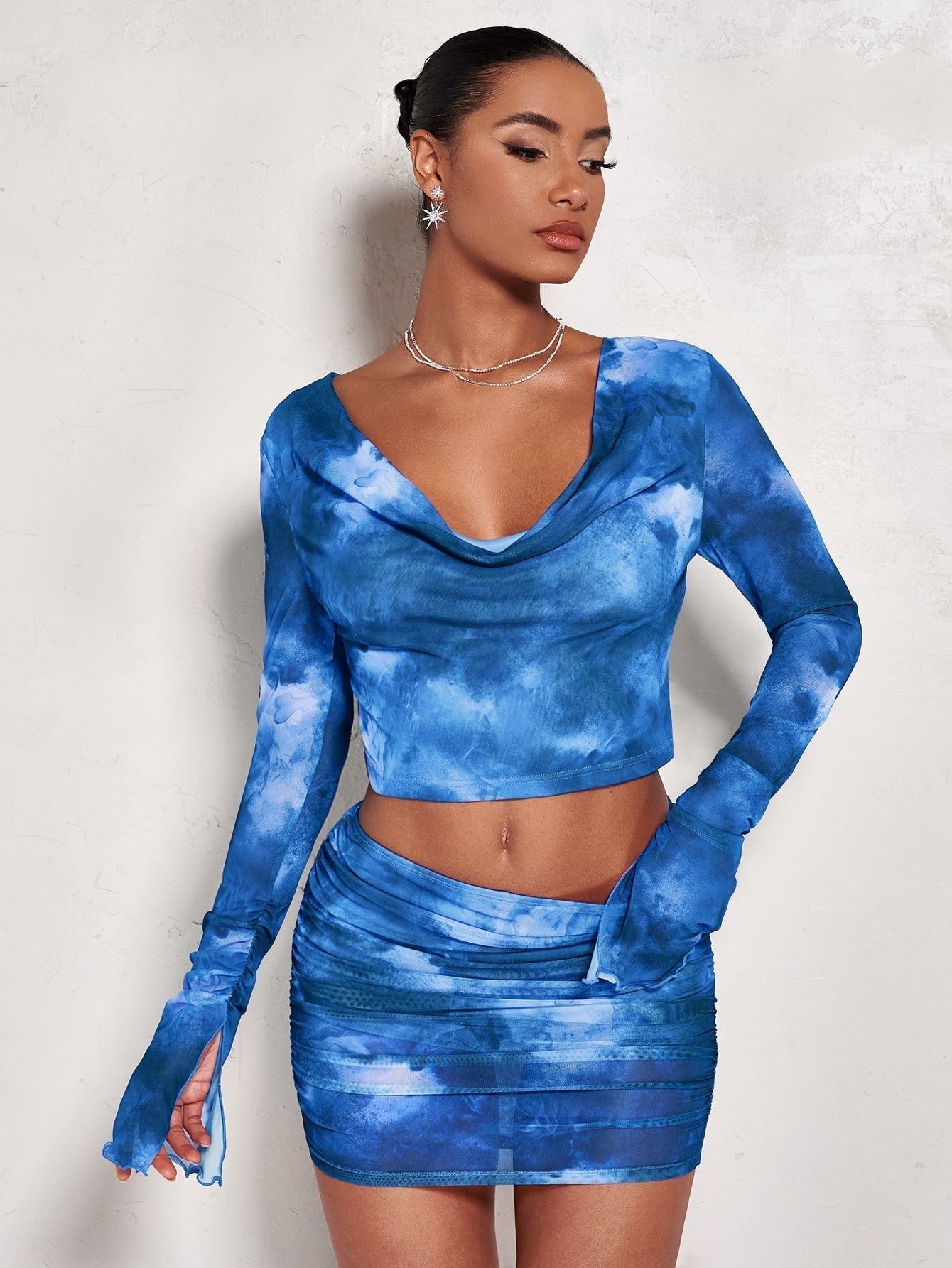 BAE Crop Top mit Batik, Drapiertem Kragen, Volant Ärmeln