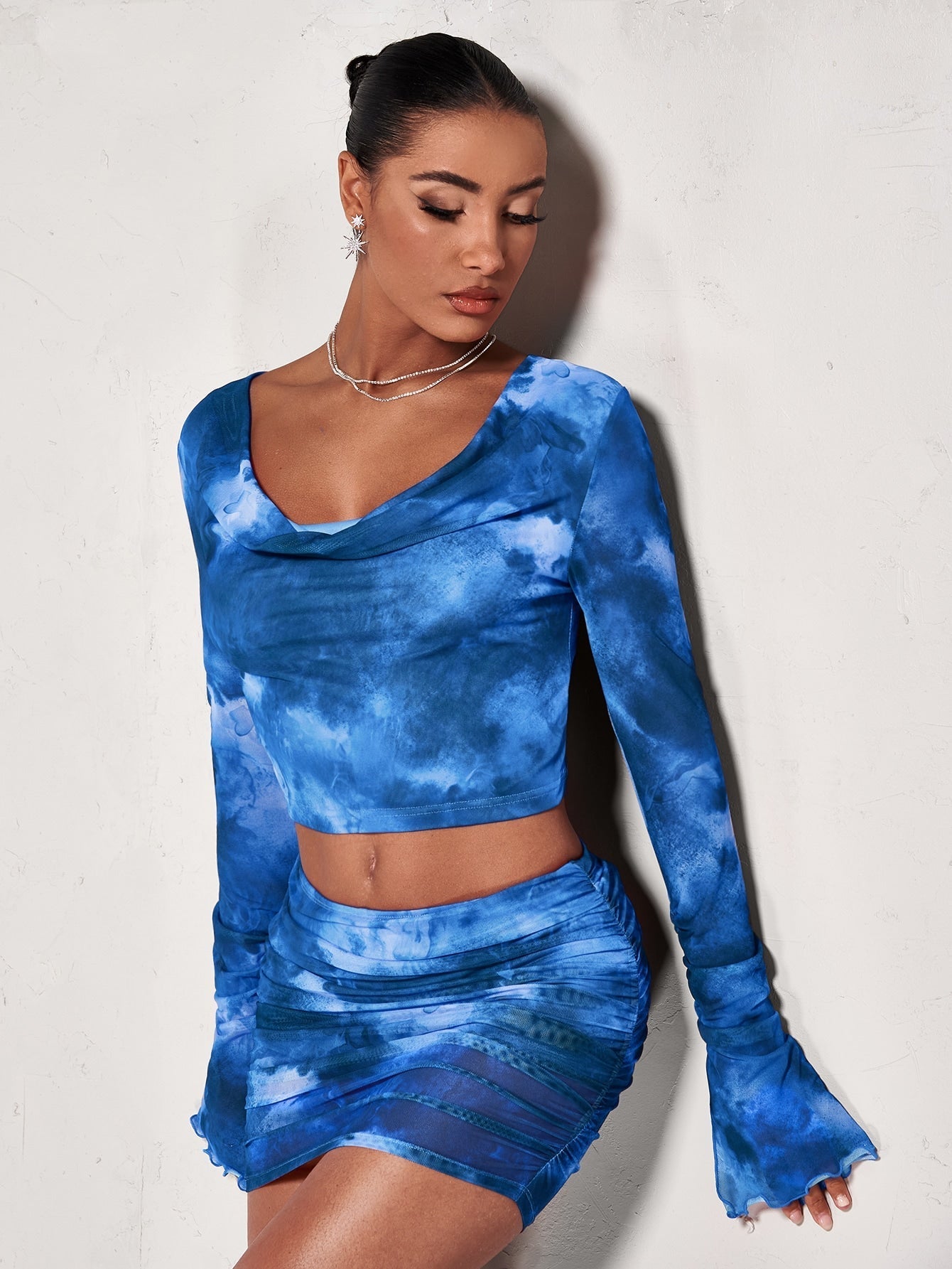 BAE Crop Top mit Batik, Drapiertem Kragen, Volant Ärmeln
