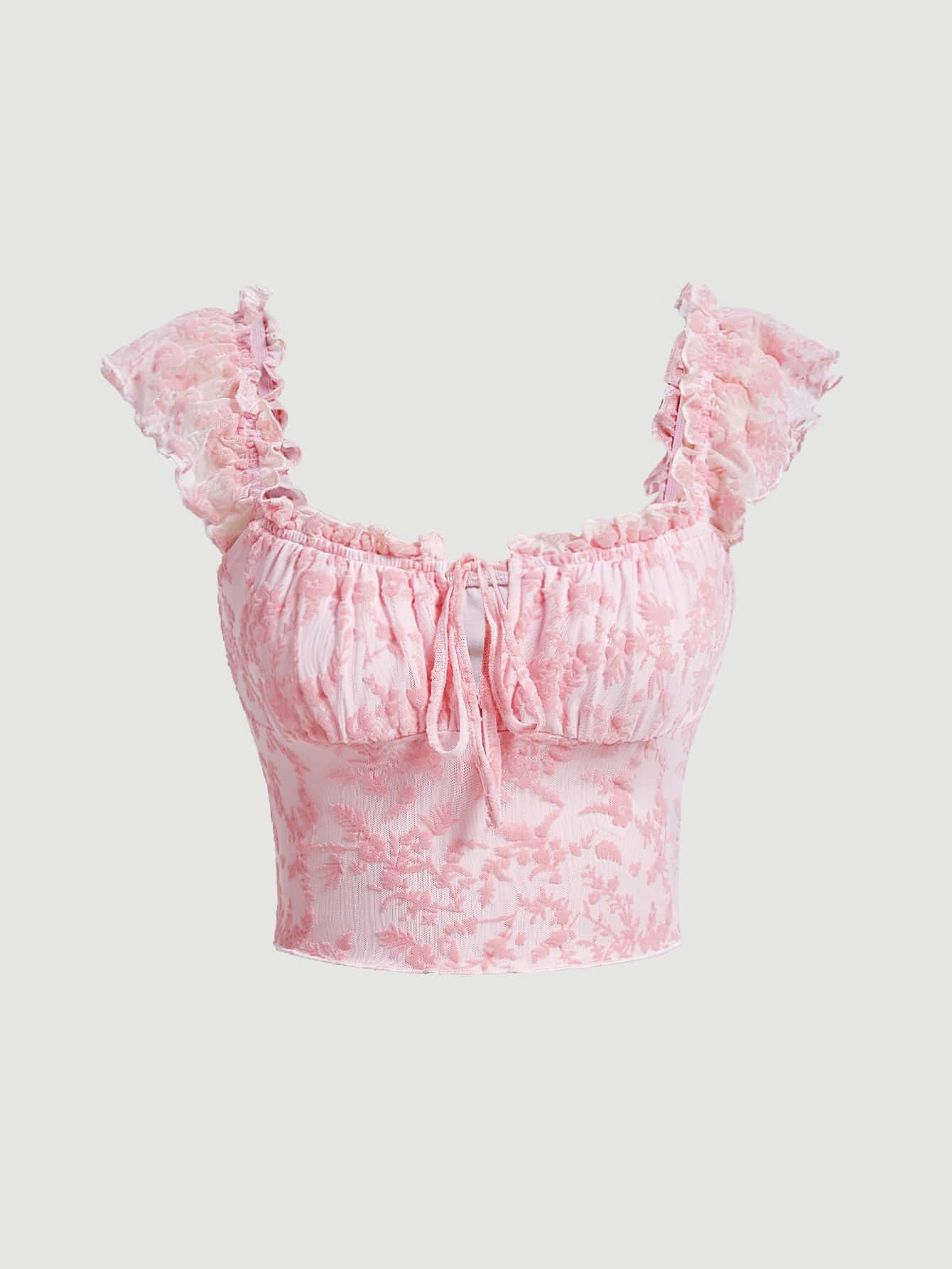 Crop T-Shirt mit Blume Muster, Rüschenbesatz,