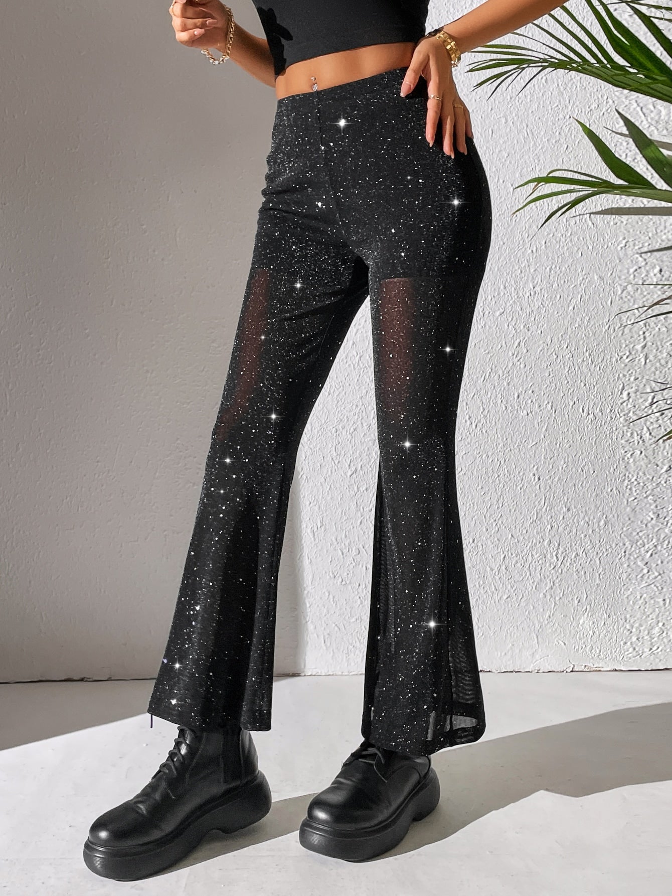 PETITE Schlaghose mit hoher Taille, Glitzer, Mesh