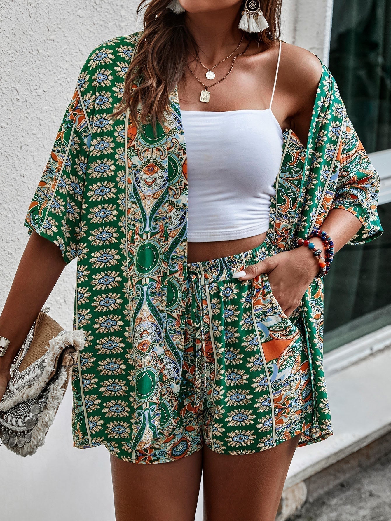 Paisley Muster, offener Front, Kimono & Shorts Set ohne Tube Top