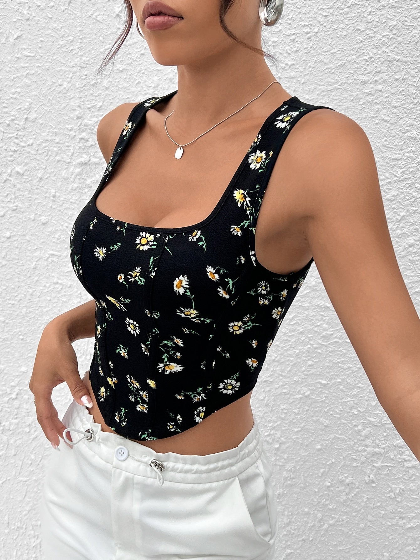 Tank Top mit Pflanze Muster, Wellensaum