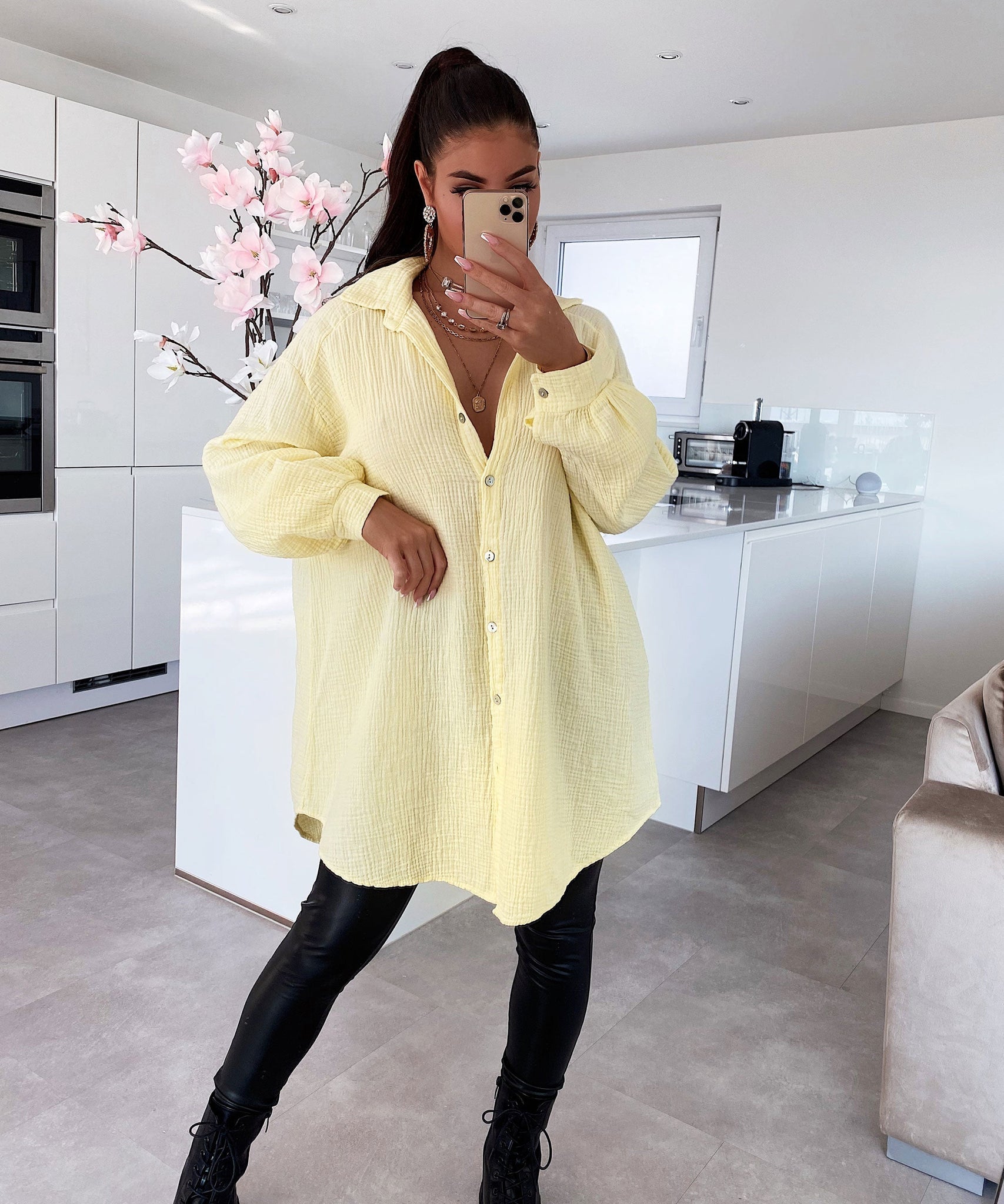 Oversize Musselin Bluse Freya Gelb Lang