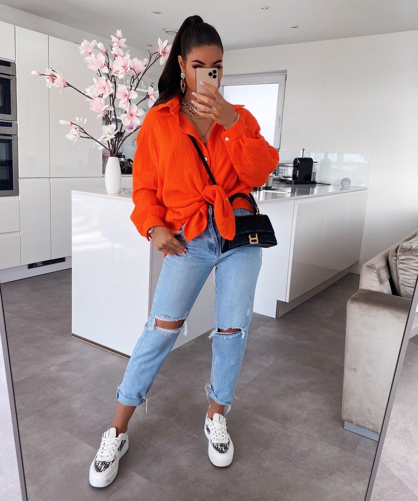 Oversize Musselin Bluse Freya Orange Kurz