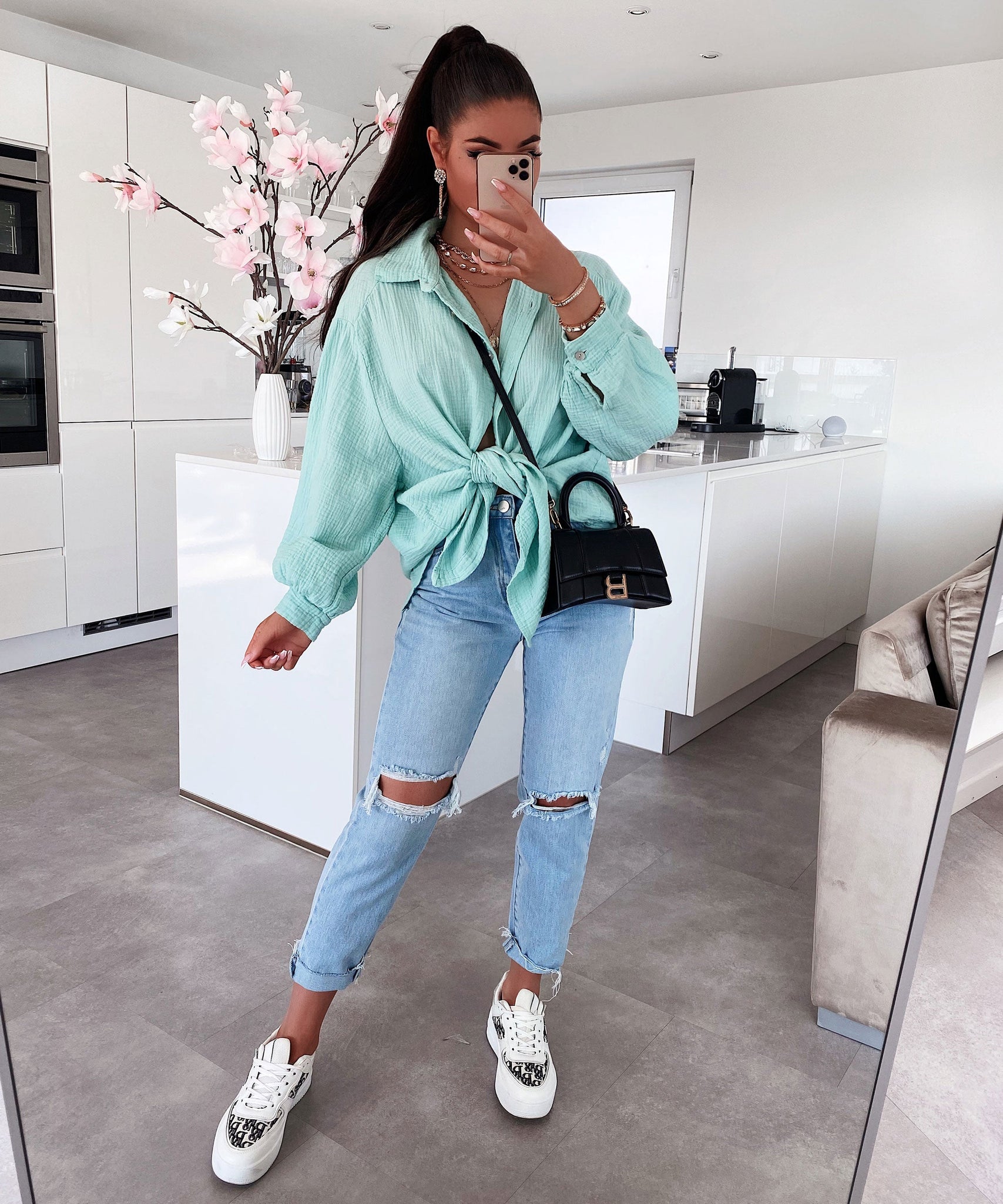 Oversize Musselin Bluse Freya Türkis Kurz