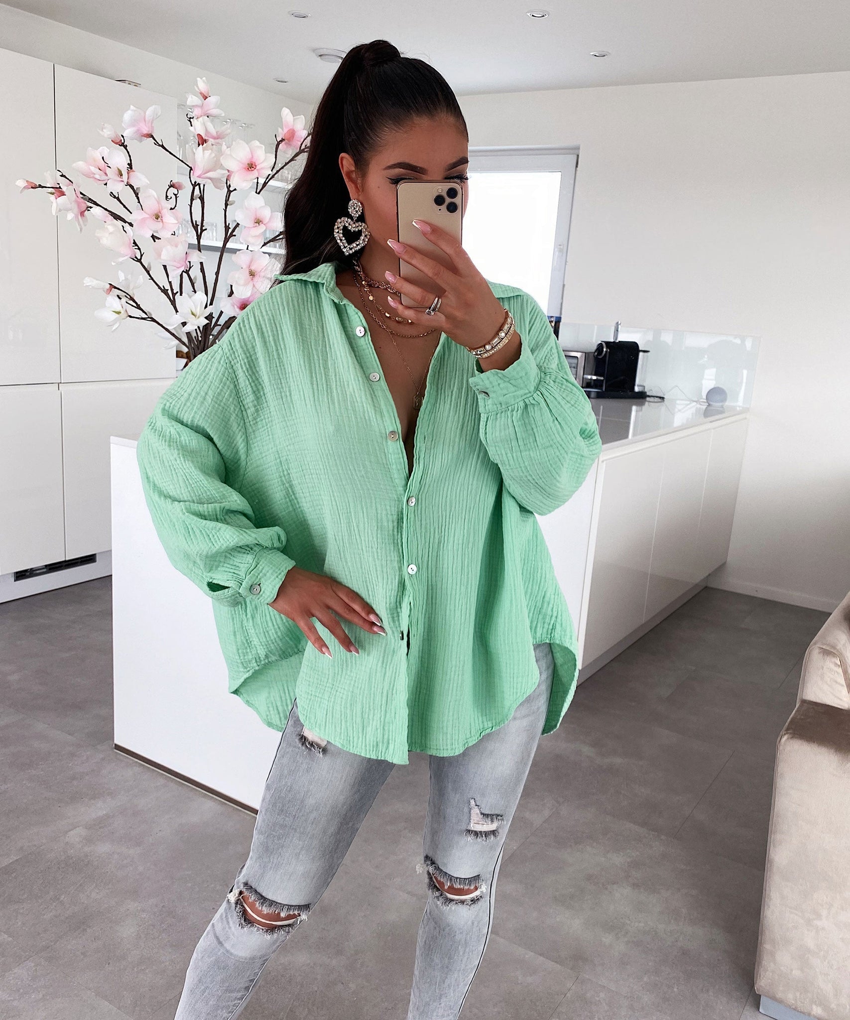 Oversize Musselin Bluse Freya Hellgrün Kurz