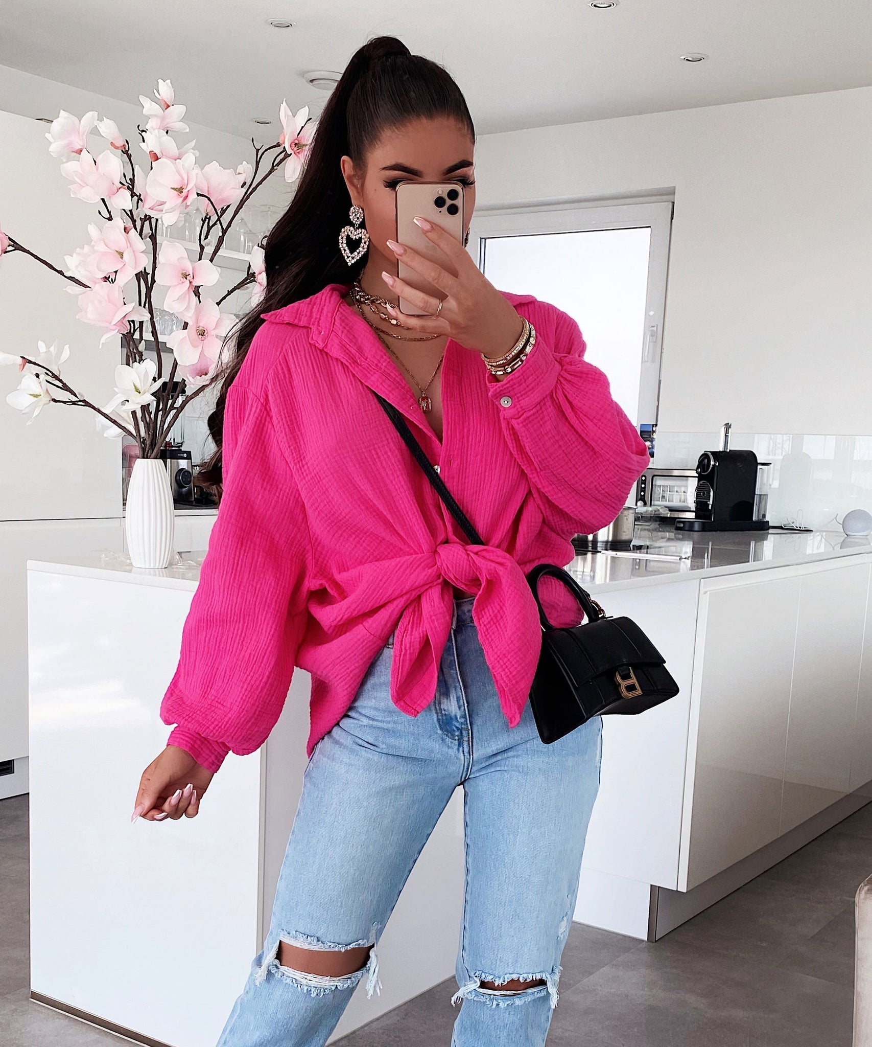 Oversize Musselin Bluse Freya Fuchsia Pink Kurz