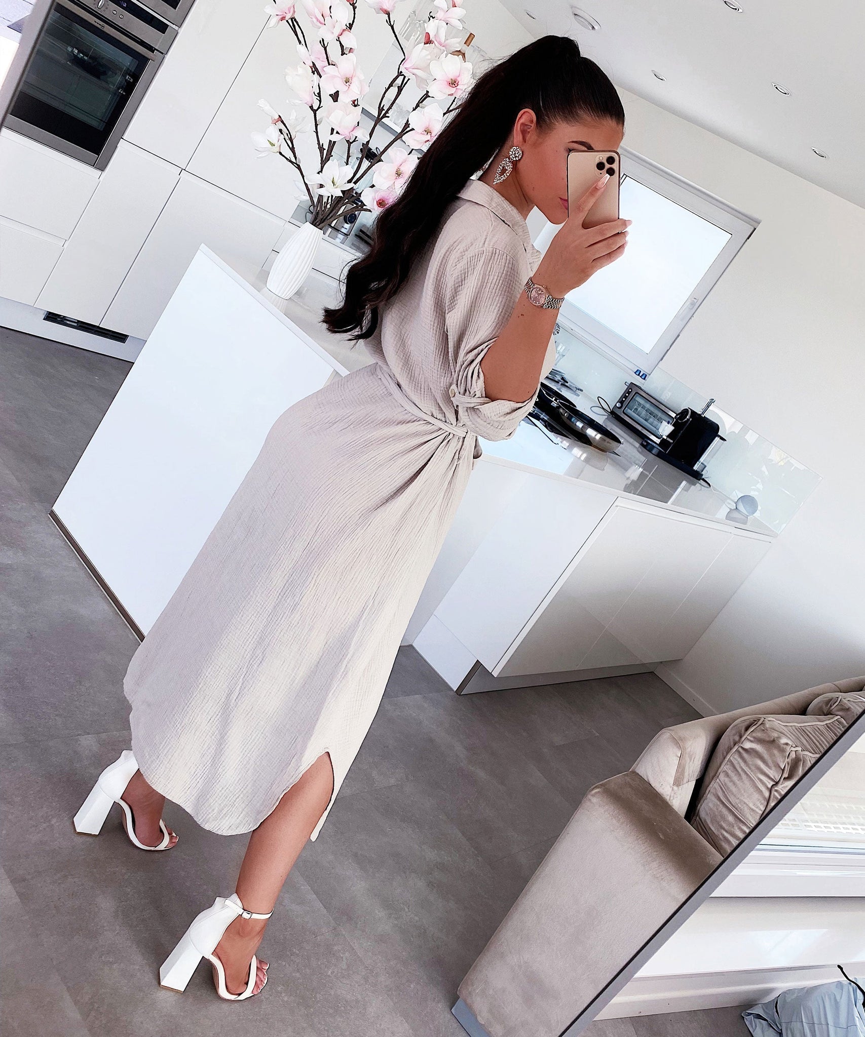 Musselin Kleid Elena Lang Beige