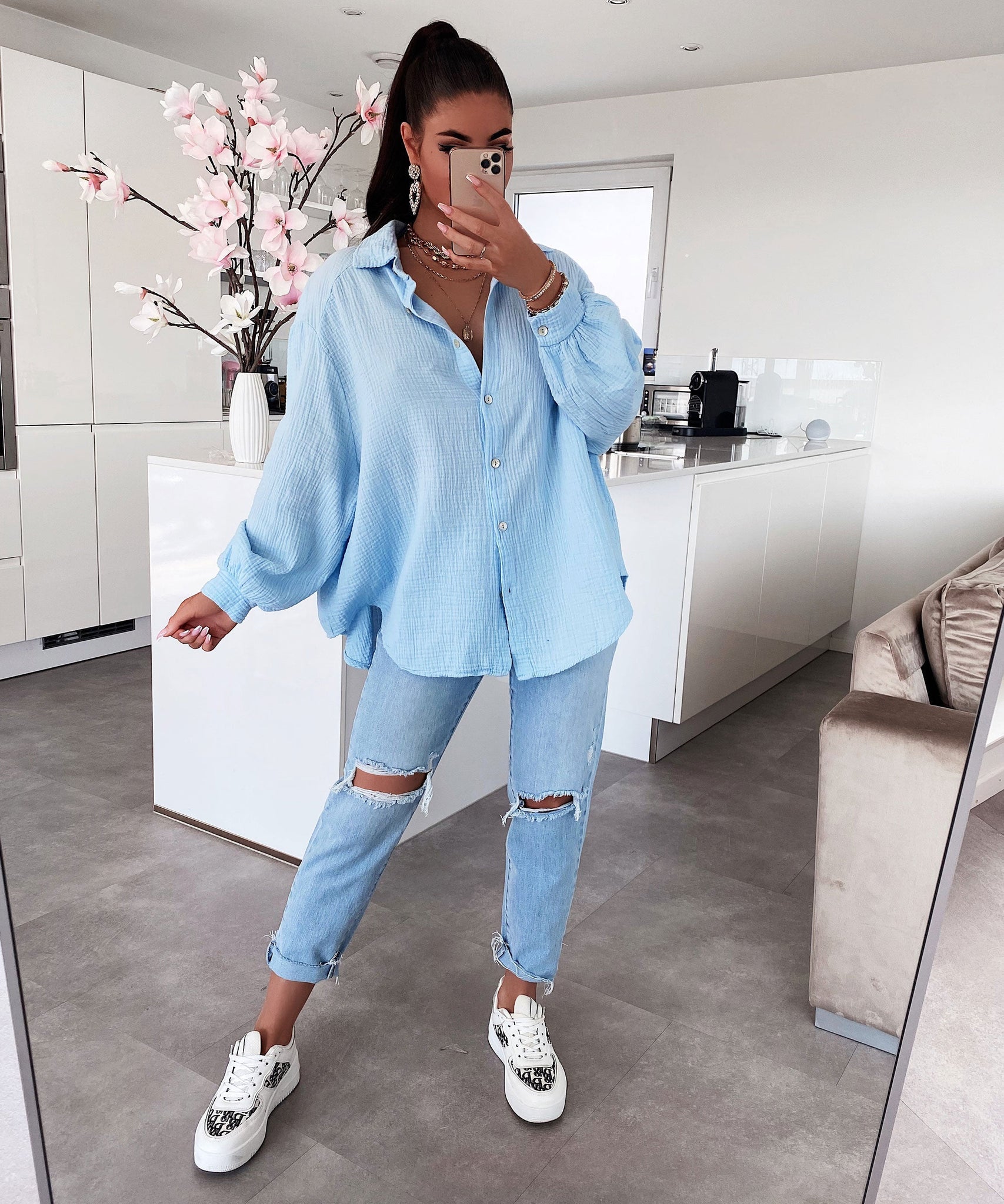 Oversize Musselin Bluse Freya Hellblau Kurz