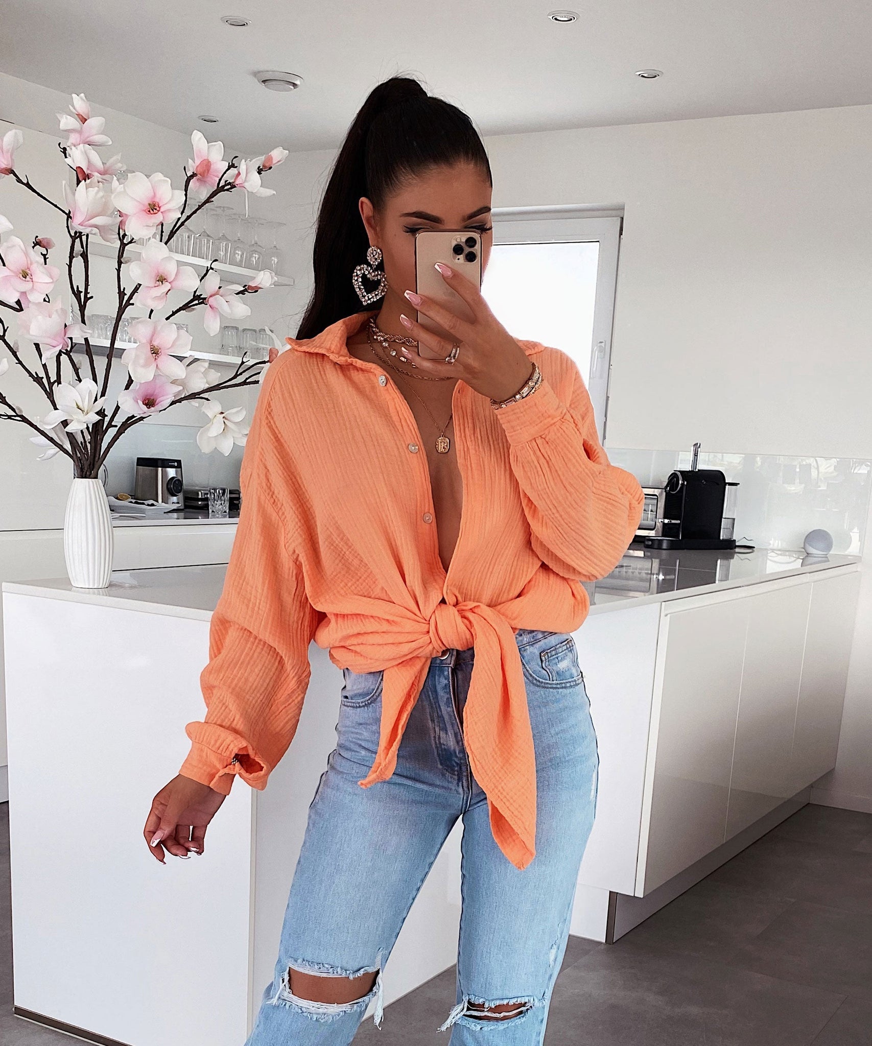 Oversize Musselin Bluse Freya Pastel Orange Lang