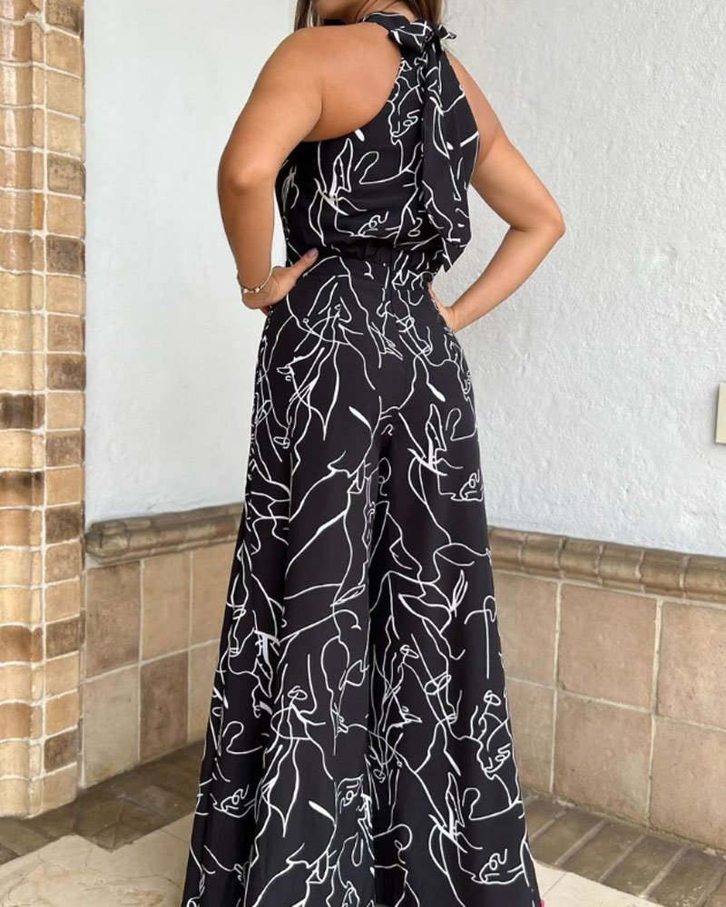 Ärmelloser Kunstdruck-Overall mit Neckholder (60% RABATT)