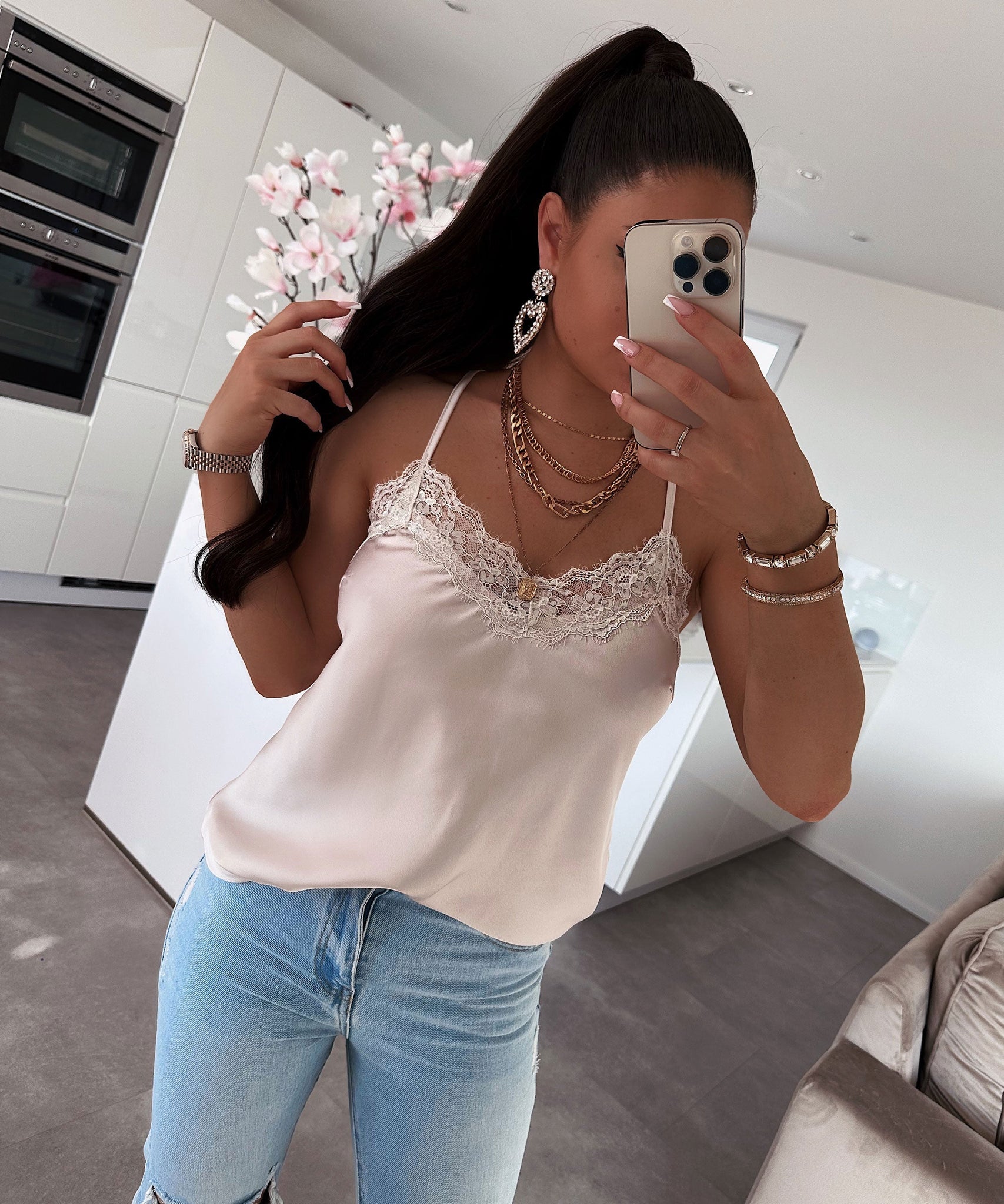 Spitzen Satin Top Cecilia Beige