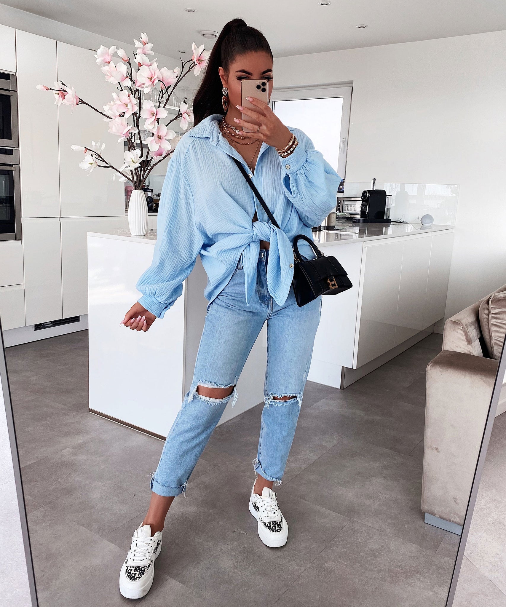 Oversize Musselin Bluse Freya Hellblau Kurz