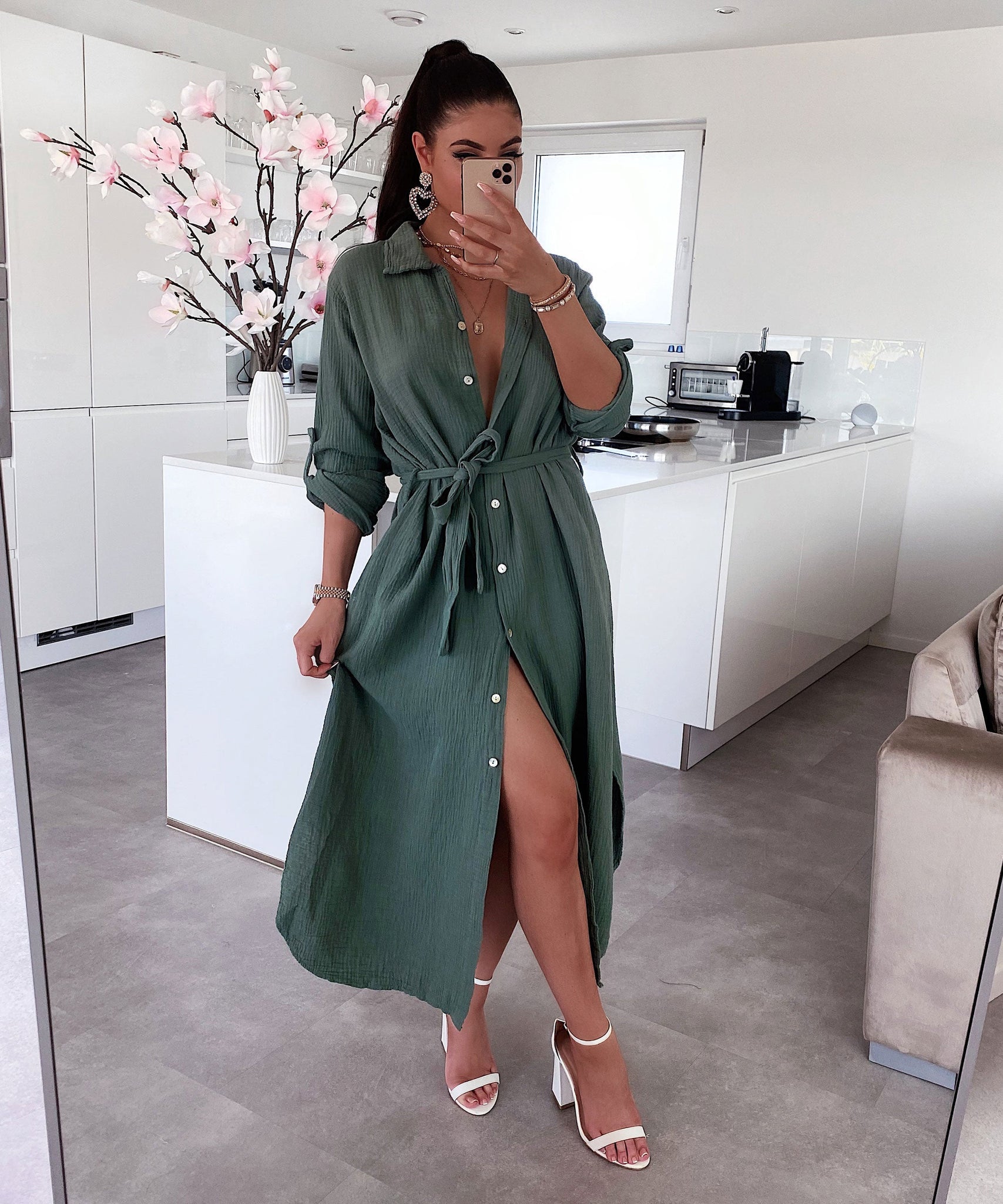 Musselin Kleid Elena Lang Khaki