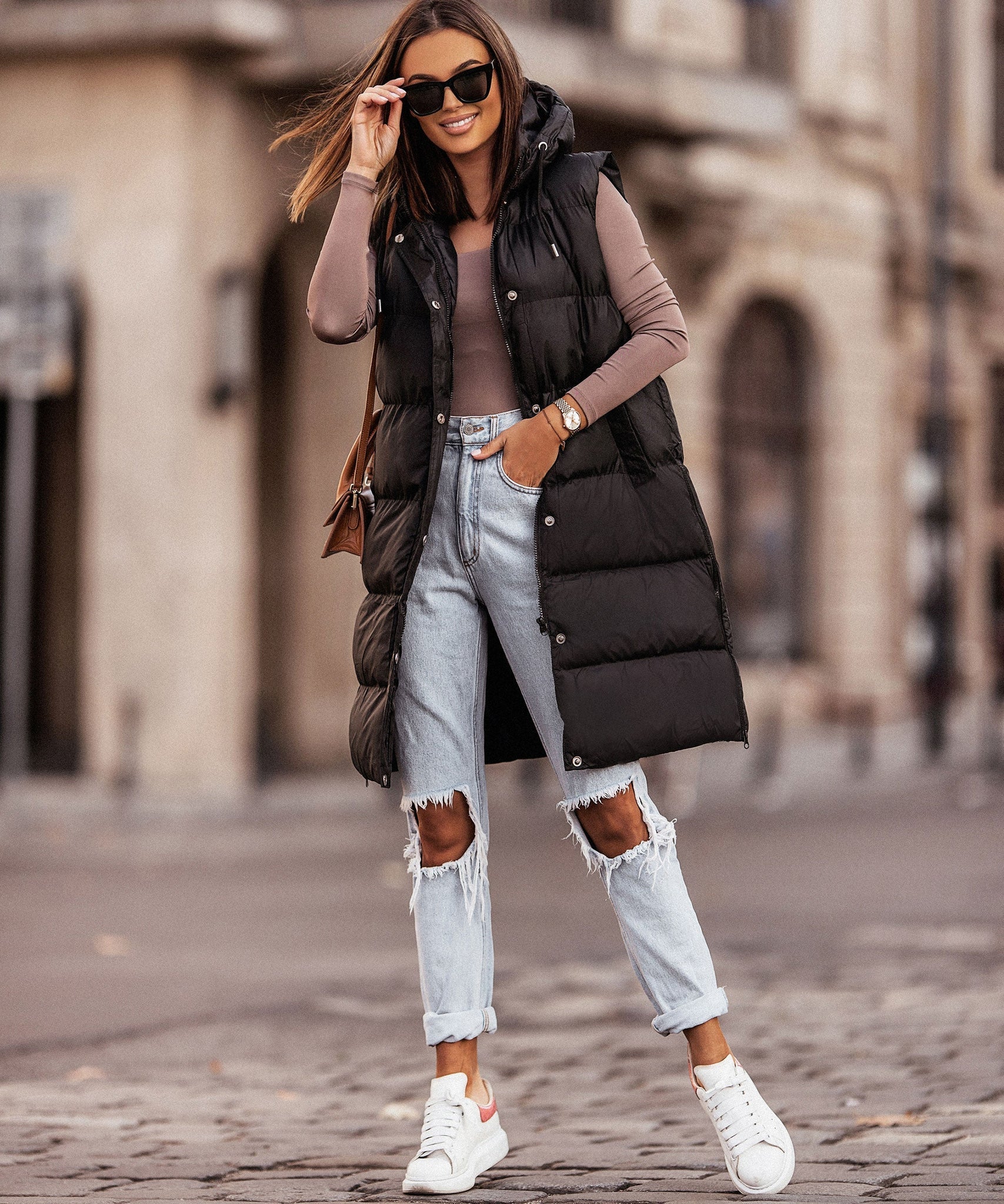 Weste Megan Lang Schwarz