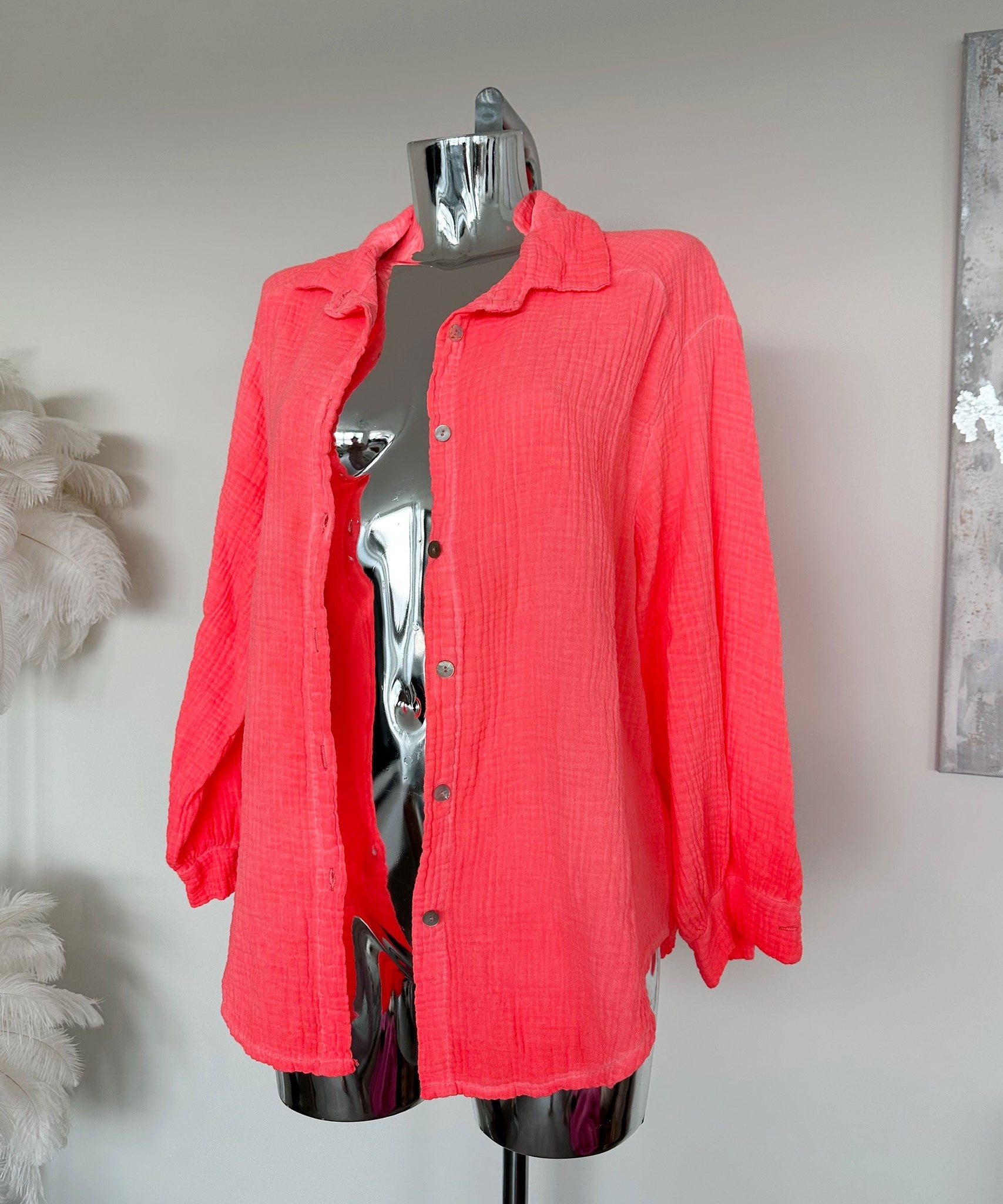 Oversize Musselin Bluse Freya Neon Coralpink Kurz