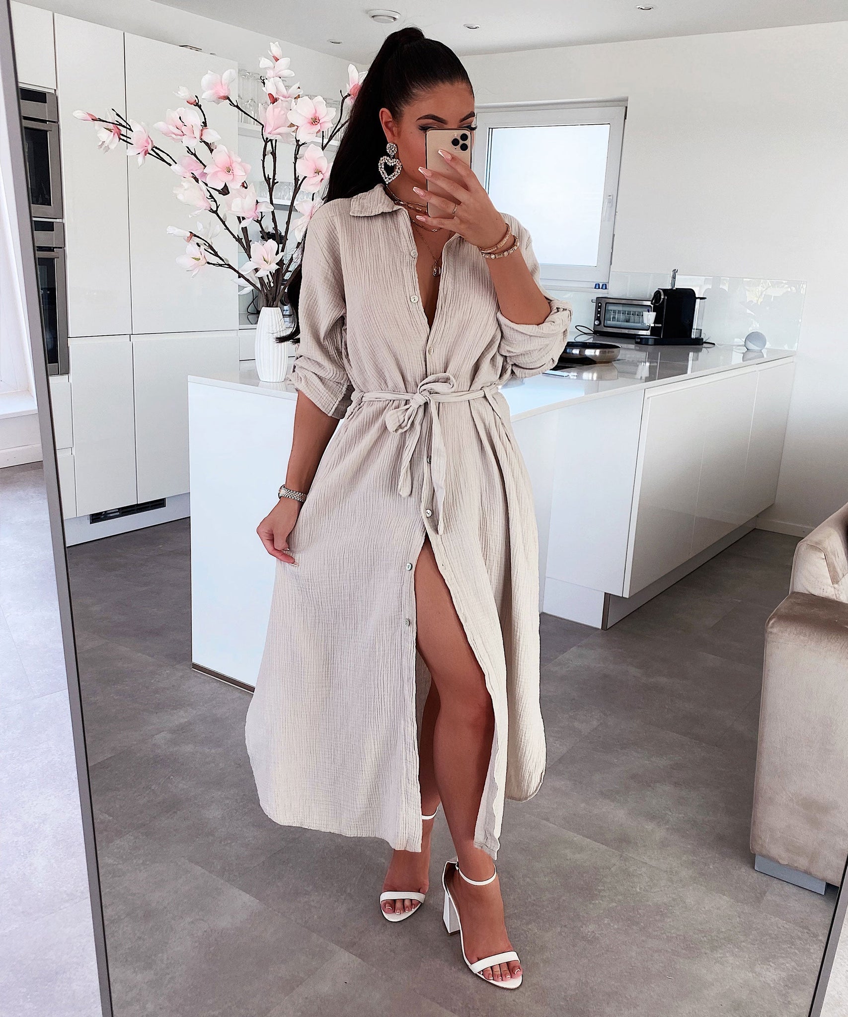 Musselin Kleid Elena Lang Beige