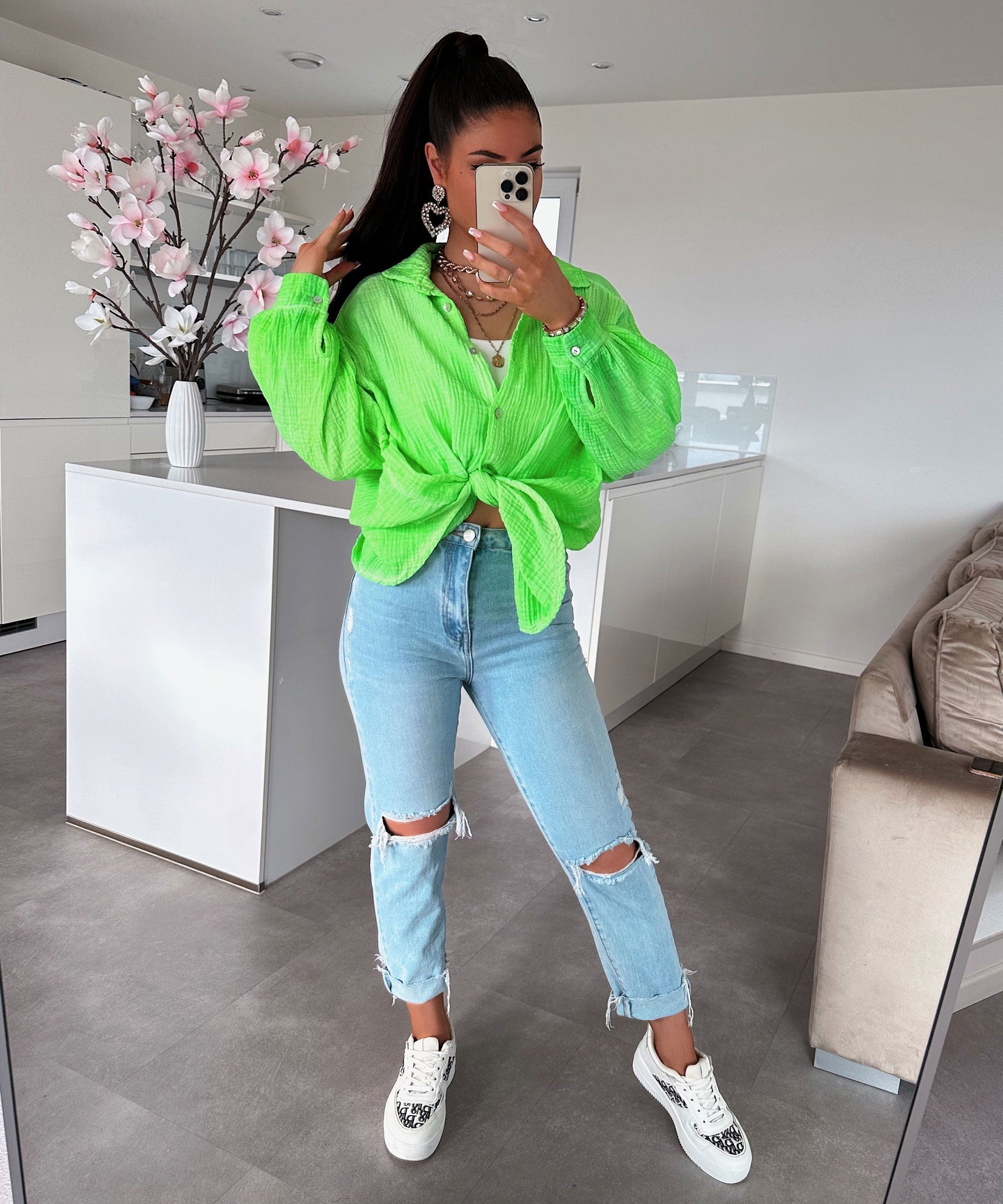 Oversize Musselin Bluse Freya Neongrün Kurz