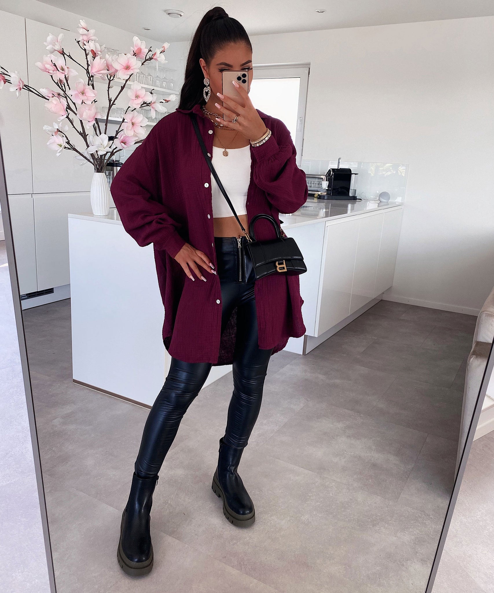 Oversize Musselin Bluse Freya Bordeaux Lang