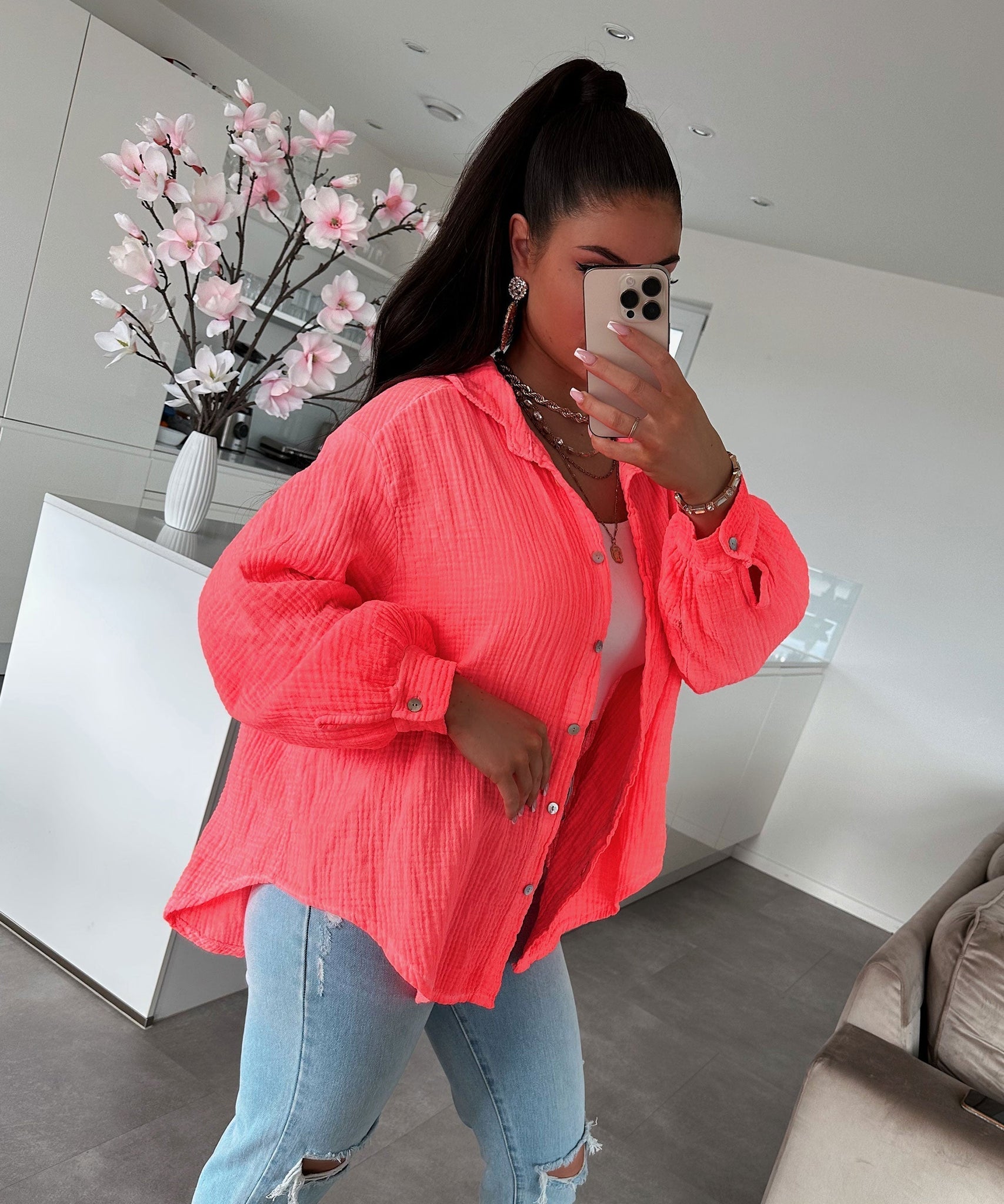 Oversize Musselin Bluse Freya Neon Coralpink Kurz