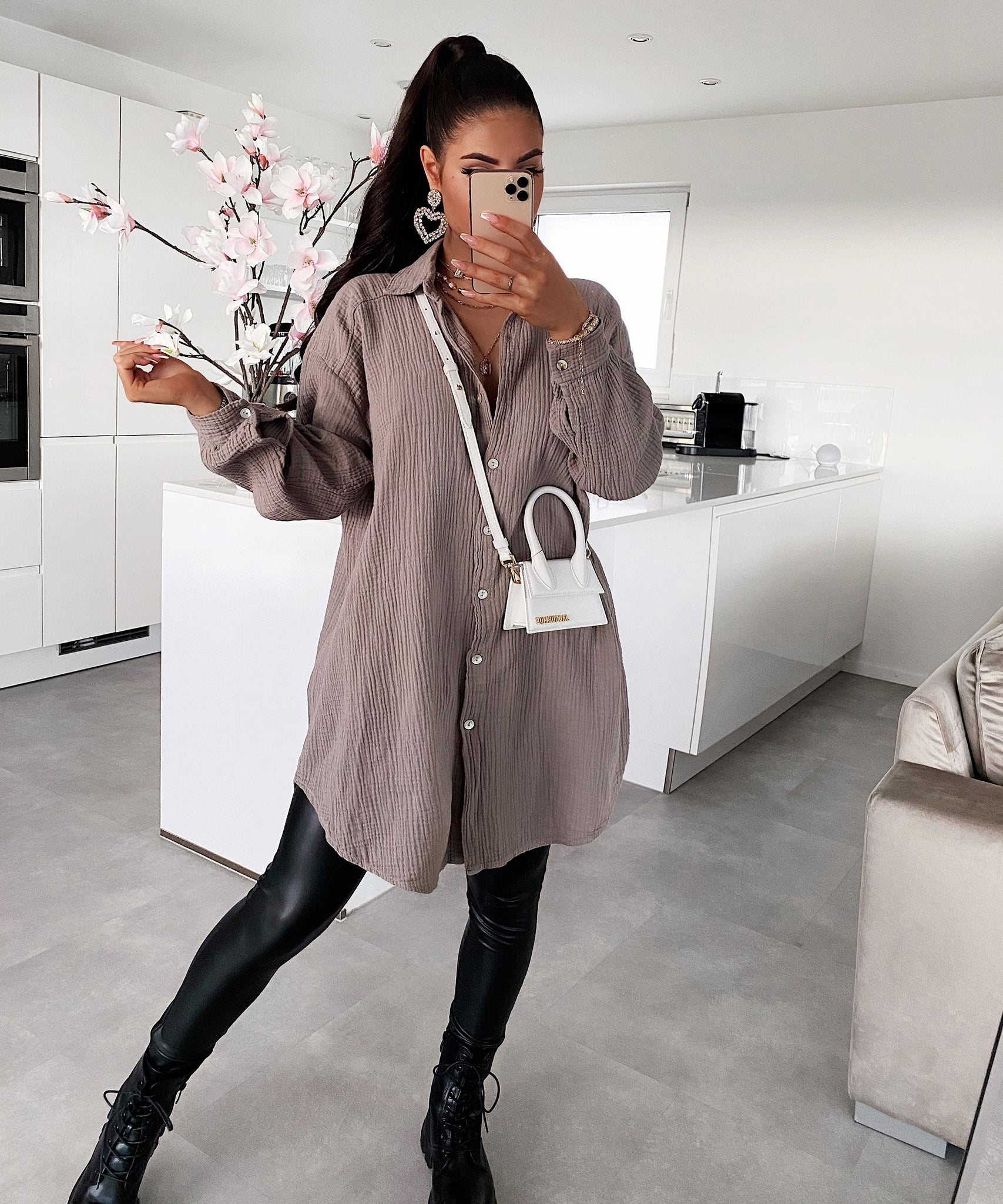 Oversize Musselin Bluse Freya Taupe Lang