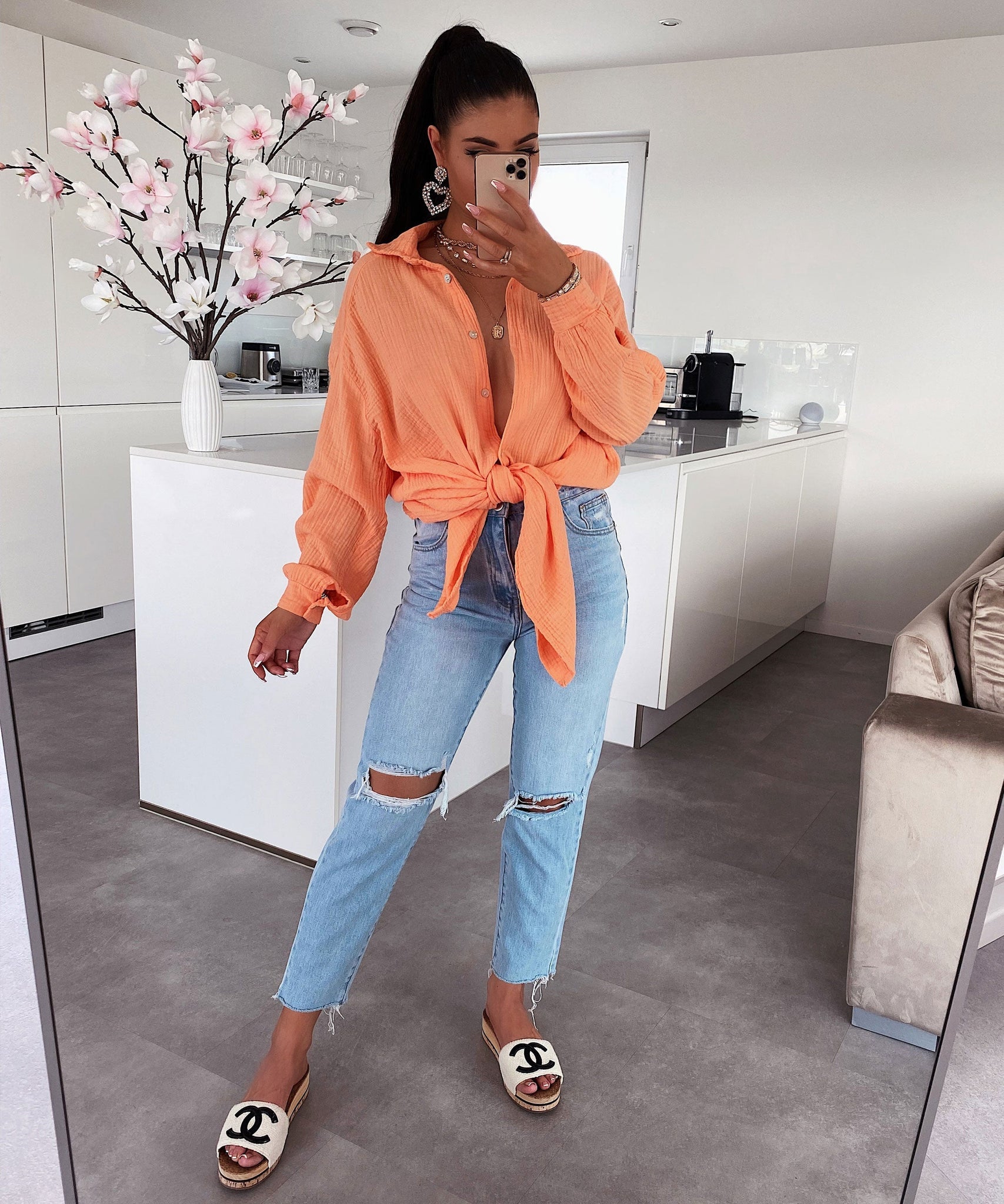 Oversize Musselin Bluse Freya Pastel Orange Lang